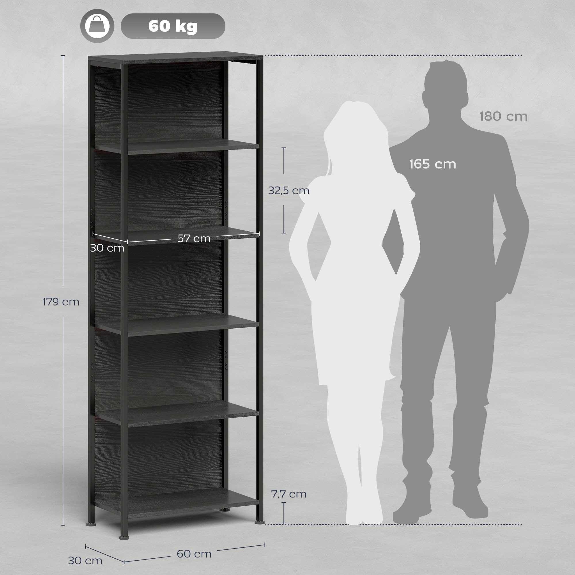 HOMCOM Bücherregal Standregal mit 5 Ebenen Aufbewahrungsregal mit Stahlrahmen Schwarz, Büroregal 1-tlg., LED-Beleuchtung mit 7 Farben, Kippschutz, verstellbare Füße