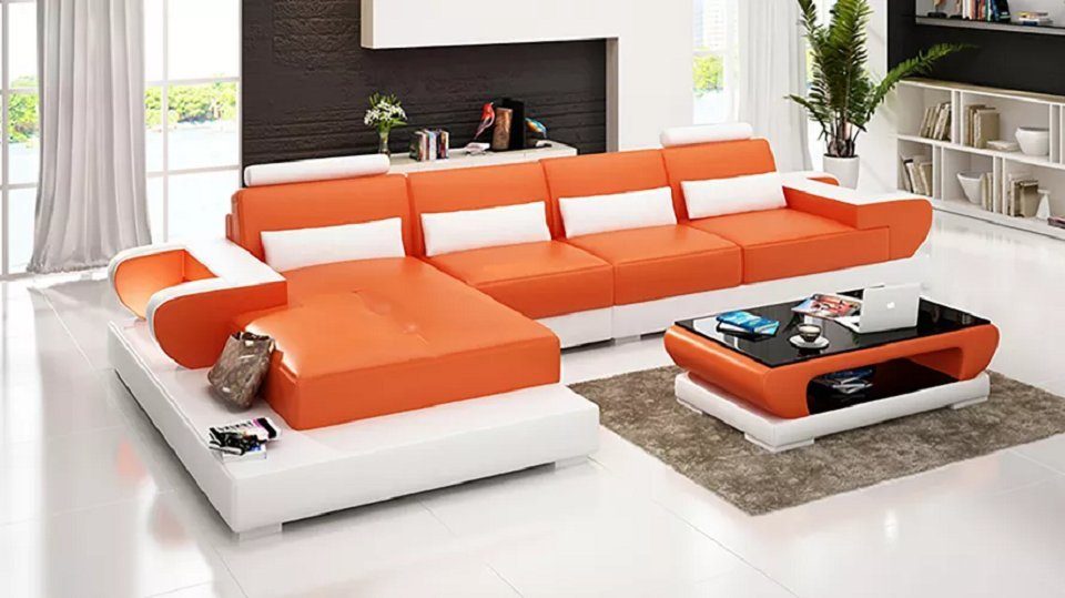 JVmoebel Ecksofa Sofa Ledersofa Eckcouch Polstergarnitur Couch Wohnlandschaft Polster, L Form Sofa mit Ablageflächen Orange/Weiß