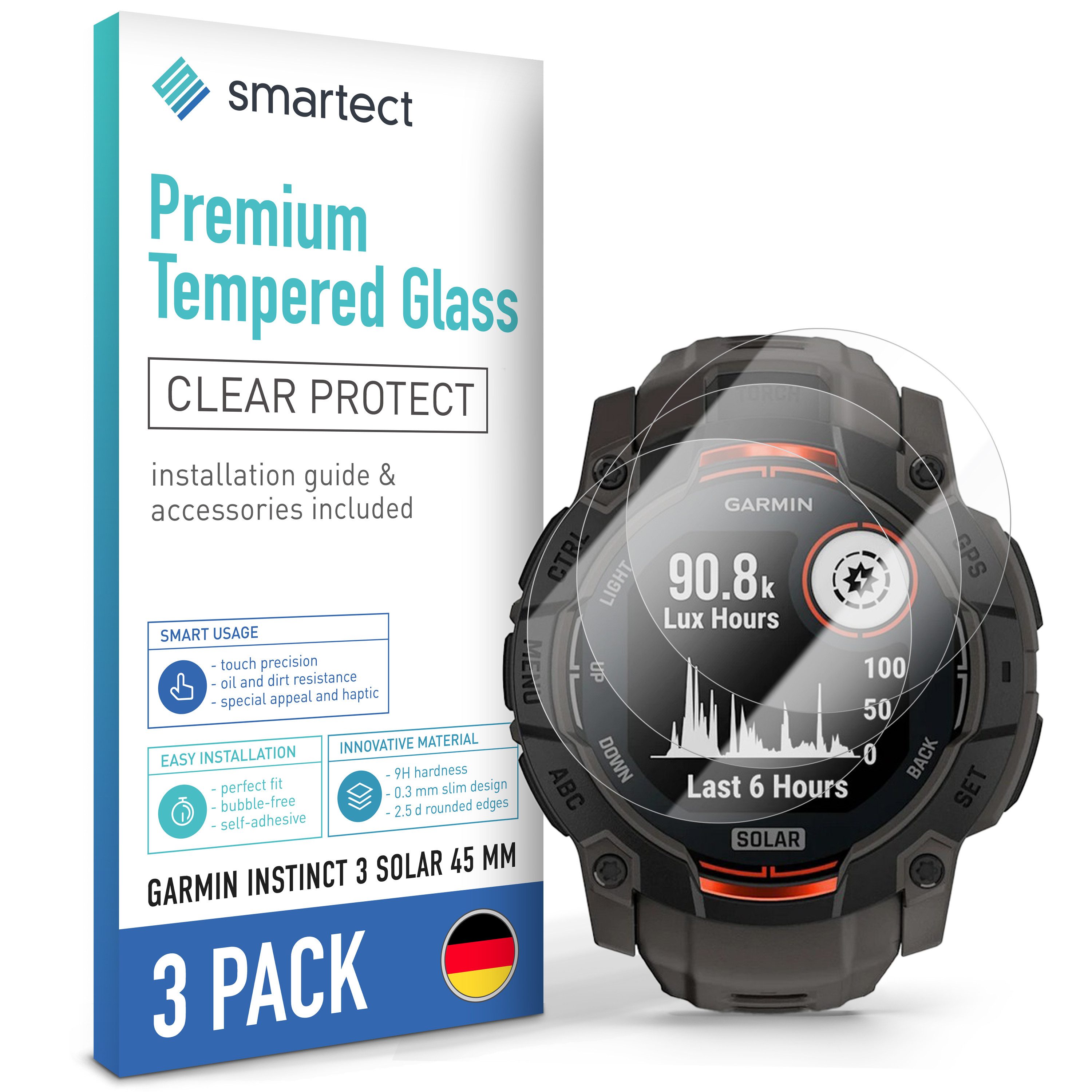 smartect Displayschutzglas Schutzglas Klar für Garmin Instinct 3 Solar 45 mm, 3 Stück für Garmin Instinct 3 Solar 45 mm, 3 Stück, Anti-Fingerabdruck, 9H HŠrte, Blasenfreie Installation