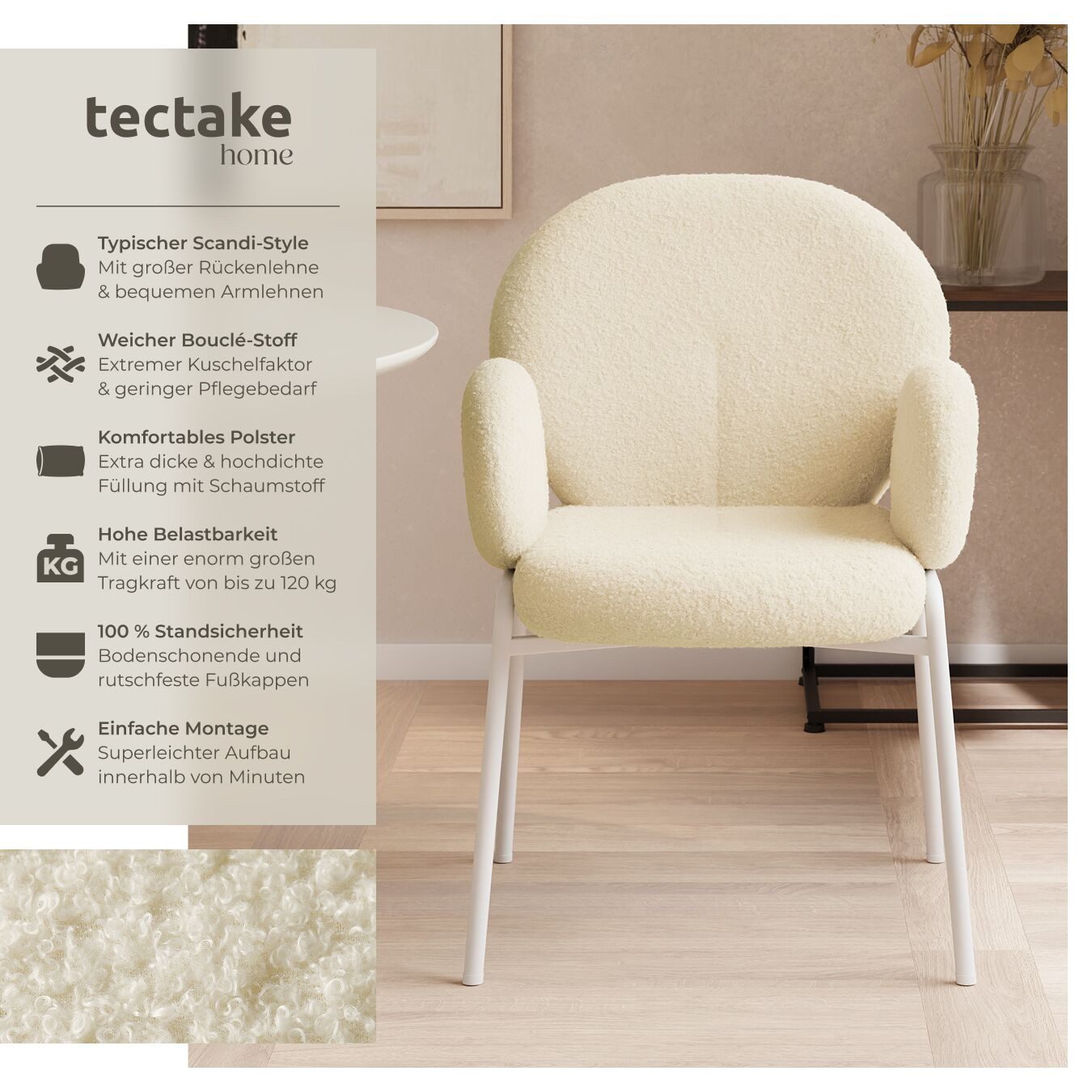 tectake Esszimmerstuhl Polsterstuhl mit Bouclé-Bezug, Belastbarkeit 120 kg, 61,5 x 62 x 90 (Ohrensessel Scandi in creme, 6 St), gepolstert, bequeme Armlehnen, runde Stahlbeine, bodenschonend