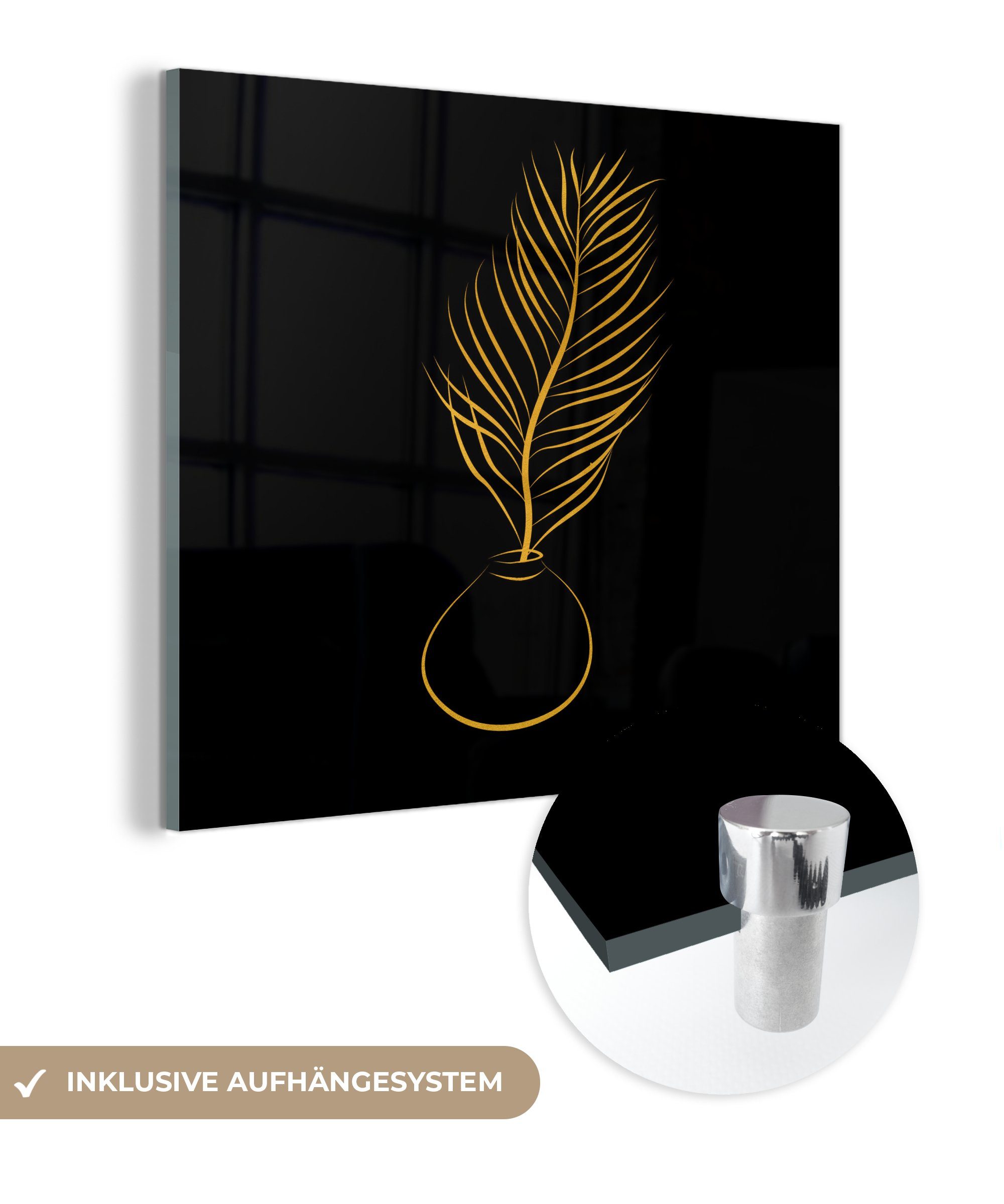 MuchoWow Acrylglasbild Pflanze - Gold - Schwarz - Strichzeichnung, (1 St), Glasbilder - Bilder auf Glas Wandbild - Foto auf Glas - Wanddekoration