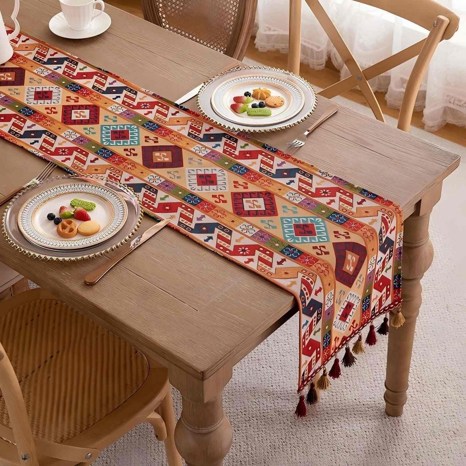 LuxusKollektion Tischläufer Tischläufer Geometrischer Jacquard Orange Quasten 33x160cm (1-tlg)