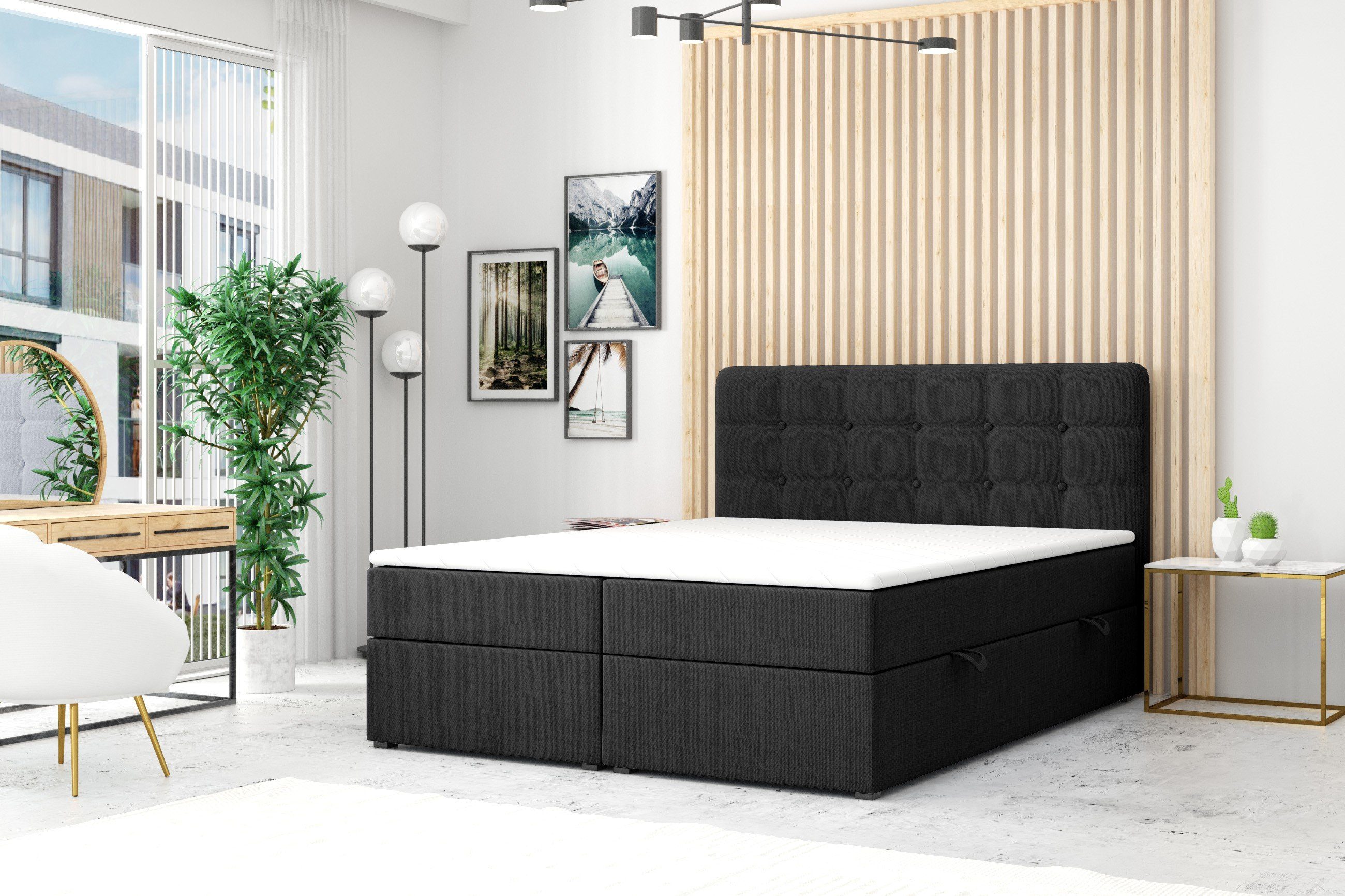 DD-COLLECTION Boxspringbett Paris Grau Schwarz (180 x 200 cm), mit Bettkasten, Chesterfield-Optik, inkl. Topper