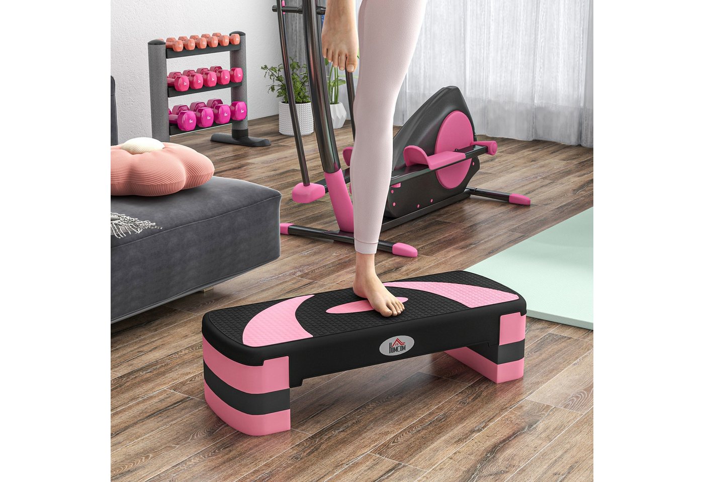 HOMCOM Stepper höhenverstellbar mit 3 Stufen, Fitness Heimtrainer (Aerobic-Stepper, 1-tlg., Steppbrett), für Indoor, Outdoor, Schwarz+Rosa+Grau
