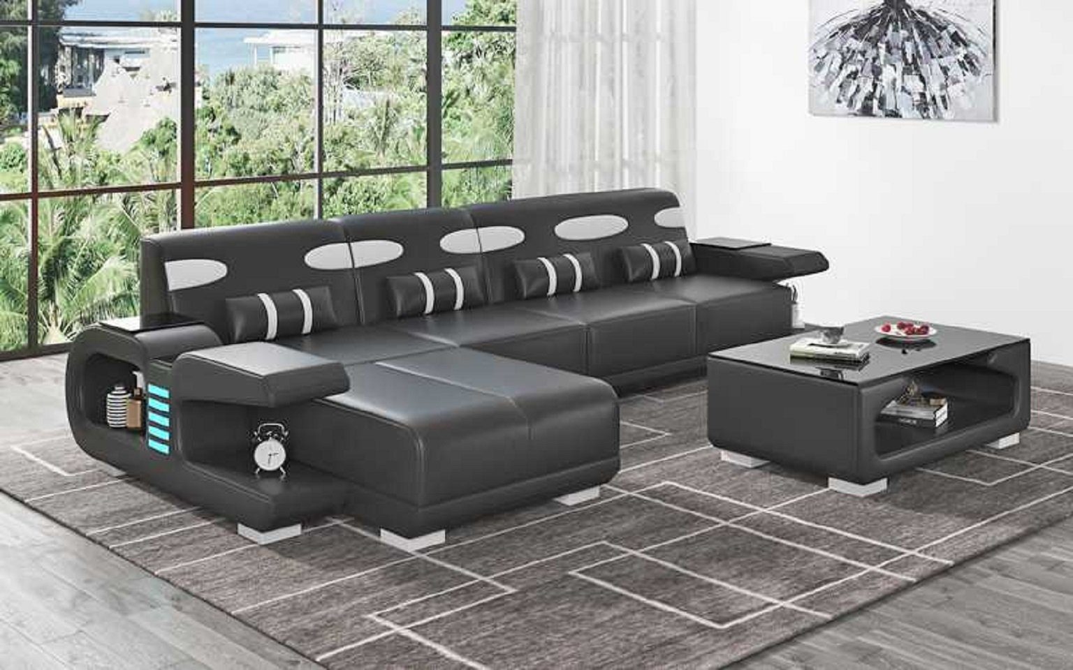 Europe Modern Ecksofa Schwarz Made 3 L Ledersofa Sofa Sofas, Liege in Ecksofa Form JVmoebel Design Teile, Kunstleder