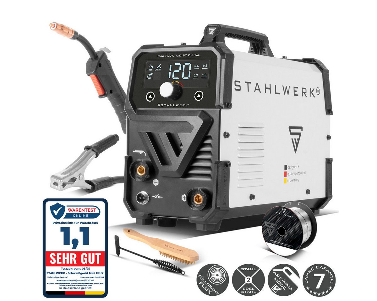 STAHLWERK Fülldrahtschweißgerät Schweißgerät Mini FLUX 120 ST Digital mit 120 A, synergischem, 20 - 120 A, Packung, 1-tlg., Einzelgerät, mit synergischem Drahtvorschub