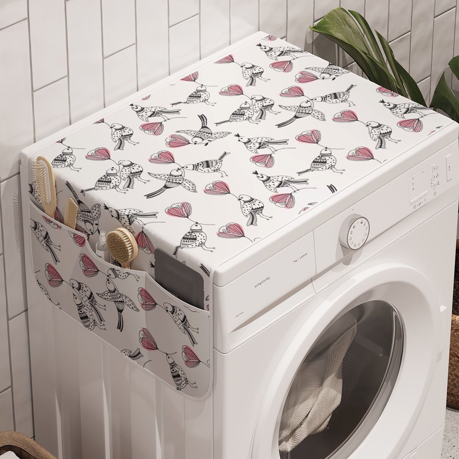 Abakuhaus Badorganizer Anti-Rutsch-Stoffabdeckung für Waschmaschine und Trockner, Vogel Vögel Tragen Rosa Blumen