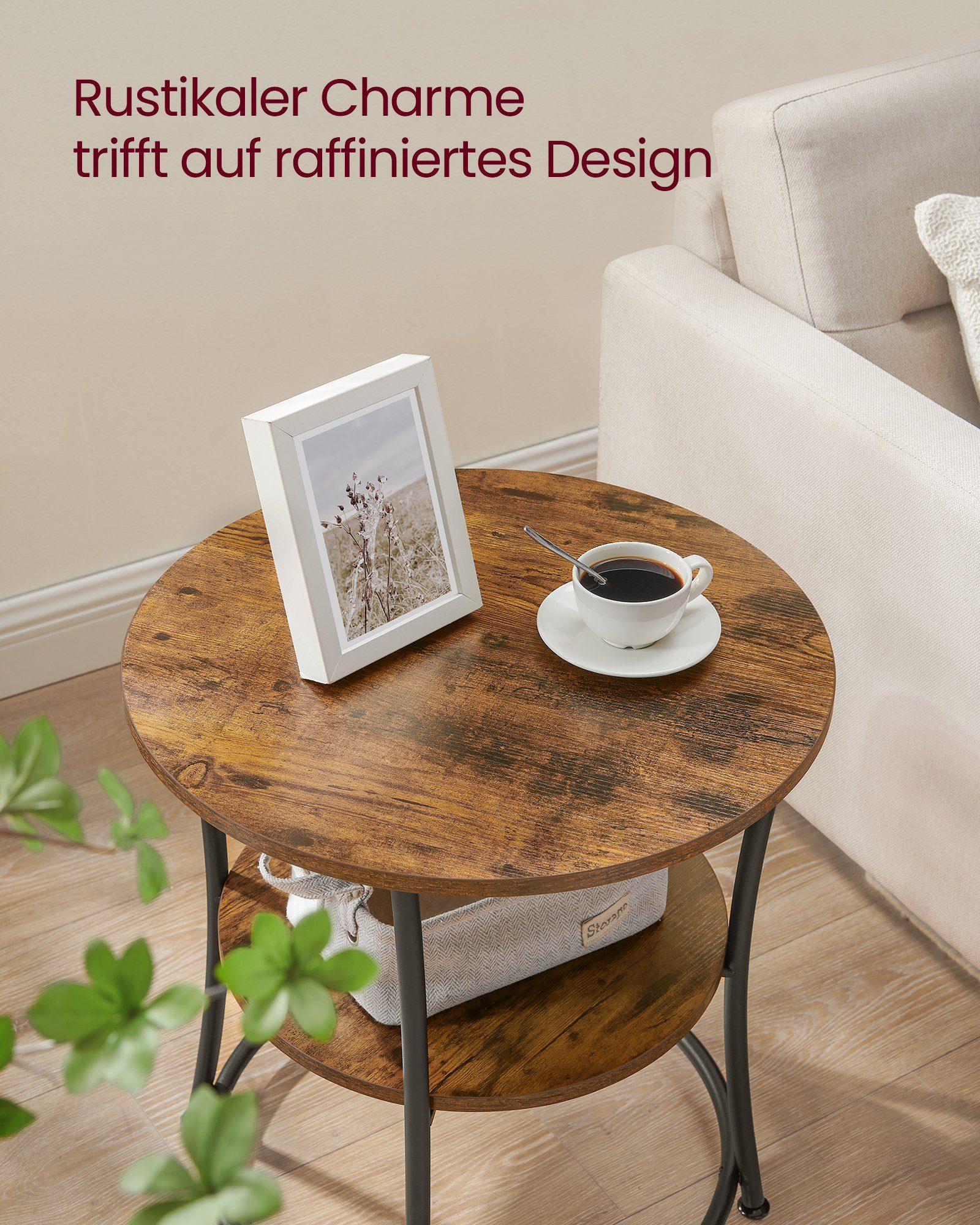 VASAGLE Beistelltisch, rund Sofatisch, 2 Ablagen, einfacher Aufbau, Ø55 cm