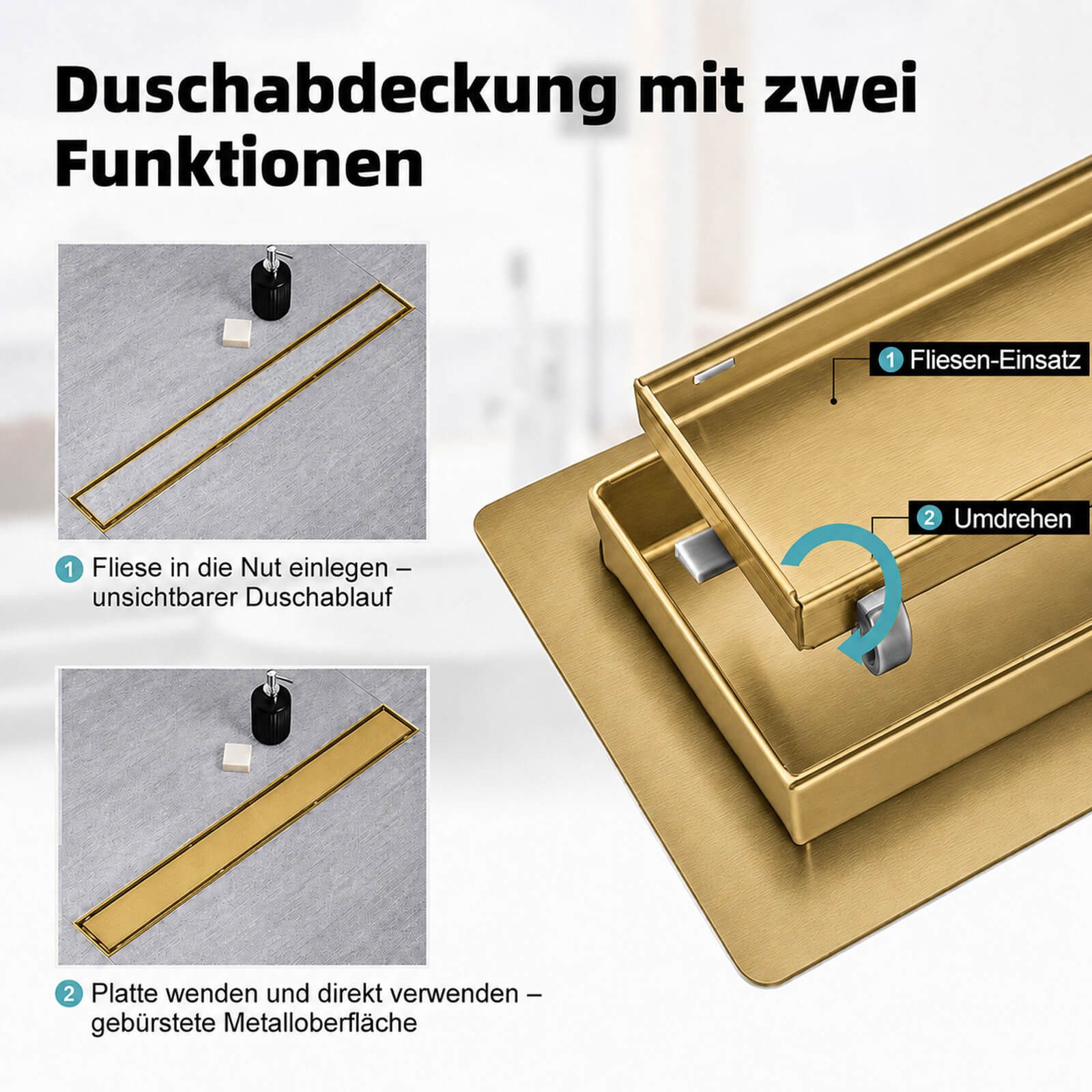 SaniteModar Duschrinne Gold, befliestbar & extra flach, Edelstahl Bodenablauf, 1-St., 2-in-1 wendbare Duschrinne, 60 cm