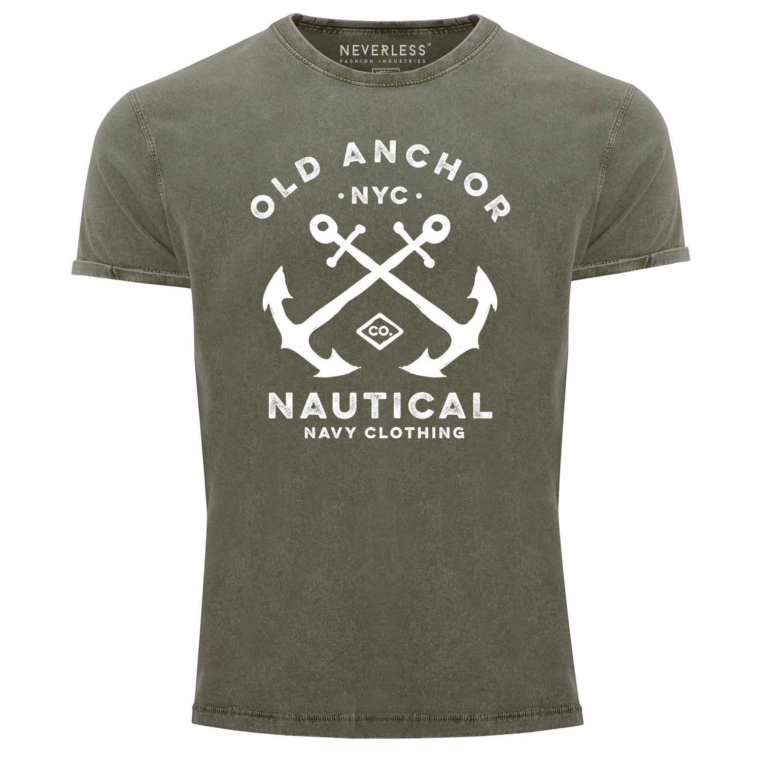 Neverless Print-Shirt Herren Vintage Shirt gekreuzte Anker Old Anchor Nautical Used Look Neverless® mit Print oliv