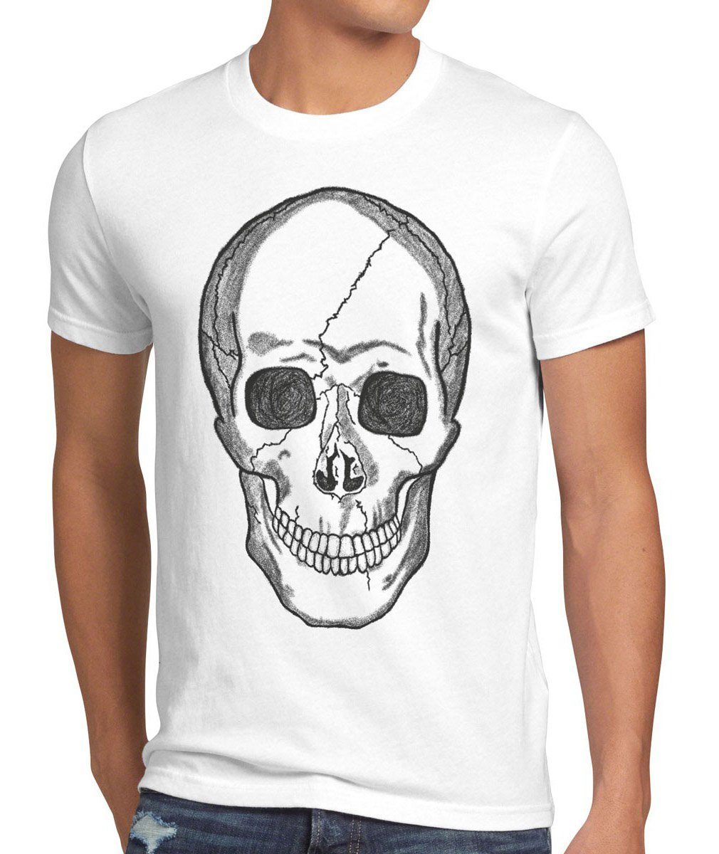 style3 Print-Shirt Herren T-Shirt Skull Totenkopf Harley Rocker Punk Tattoo gothic knochen biker us weiß