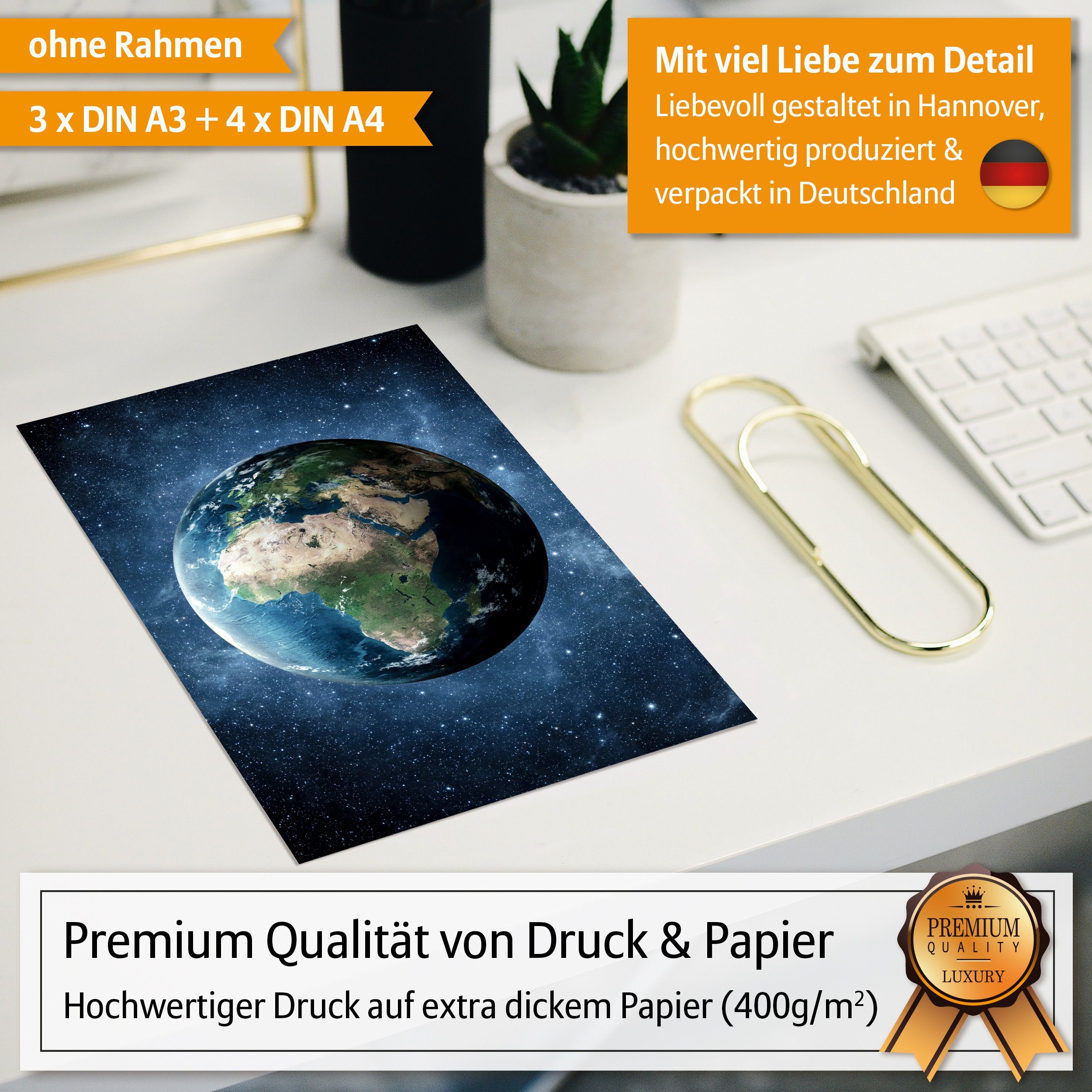 Hyggelig Home Poster Weltraum, Premium Poster Set OHNE & MIT Rahmen, 7 Wandbilder Astronaut, Weltall (Set, 7 St), Collage Rakete, Qualitätsdruck auf dickem Papier
