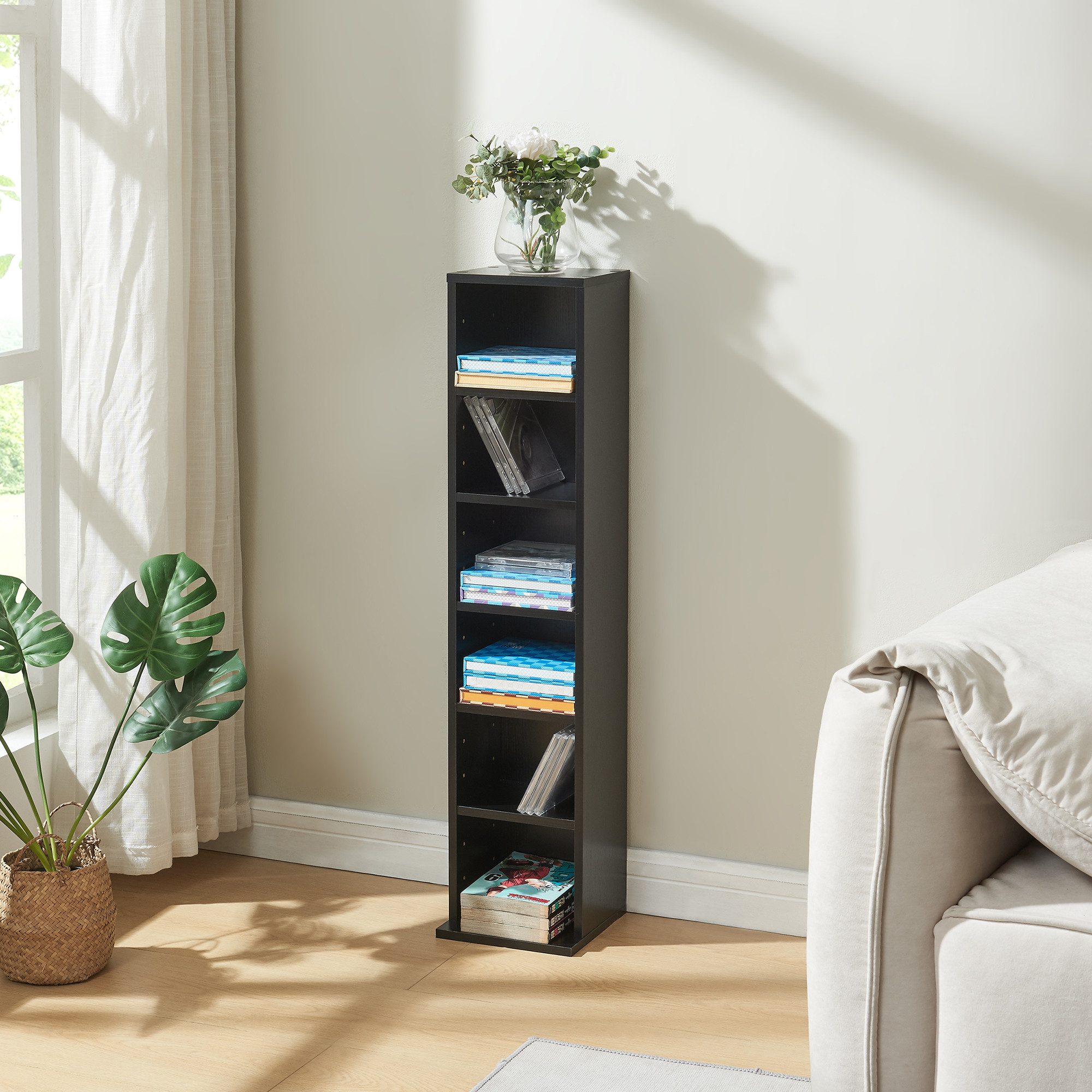 en.casa CD-Regal, »Tynset« 90x20x20 cm Standregal mit 6 Fächern Schwarz günstig online kaufen