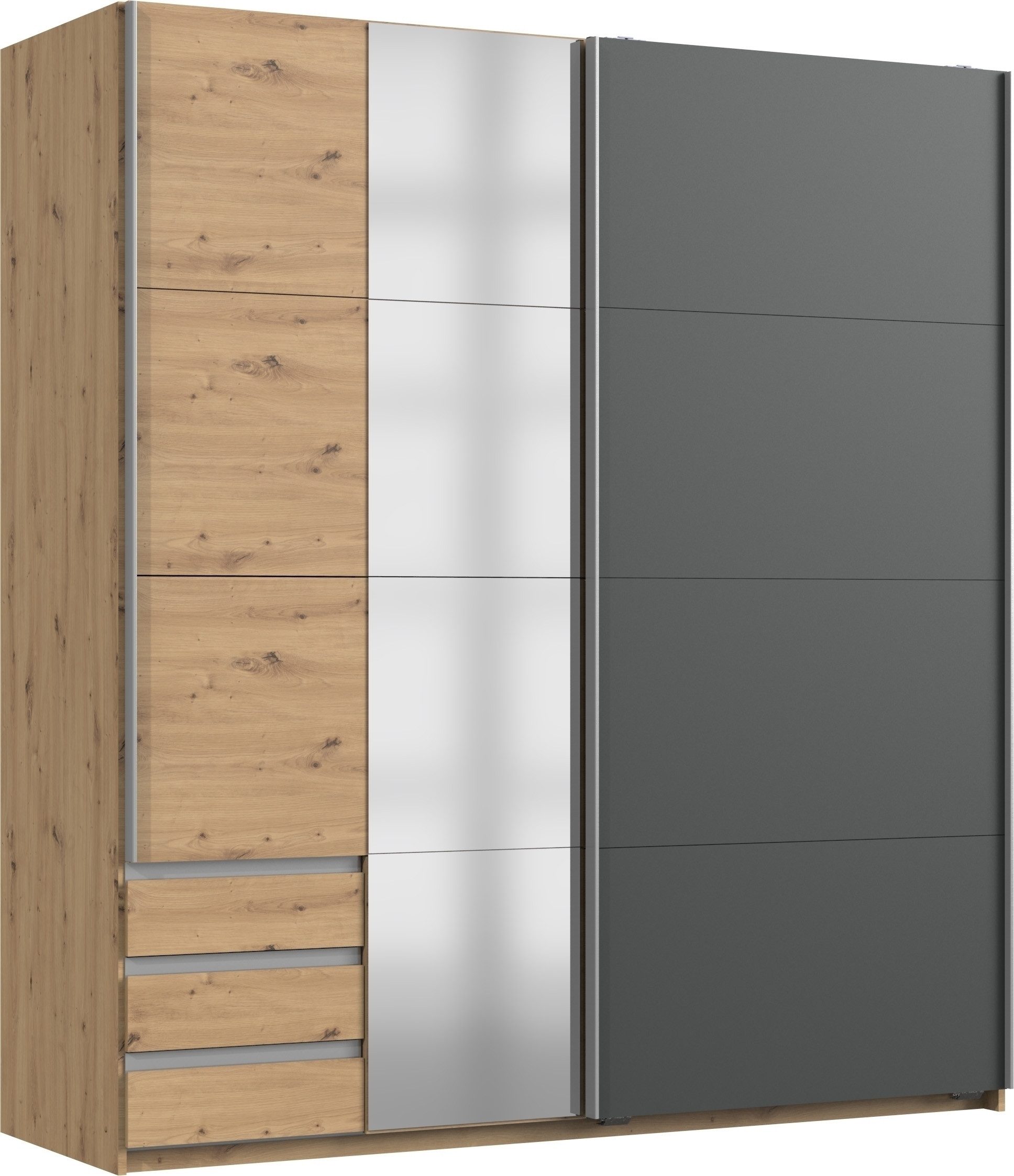 freiraum Schwebetürenschrank NORDEN GRAPHIT + EICHE DEKOR + SPIEGEL - 179x198x65cm (BxHxT)