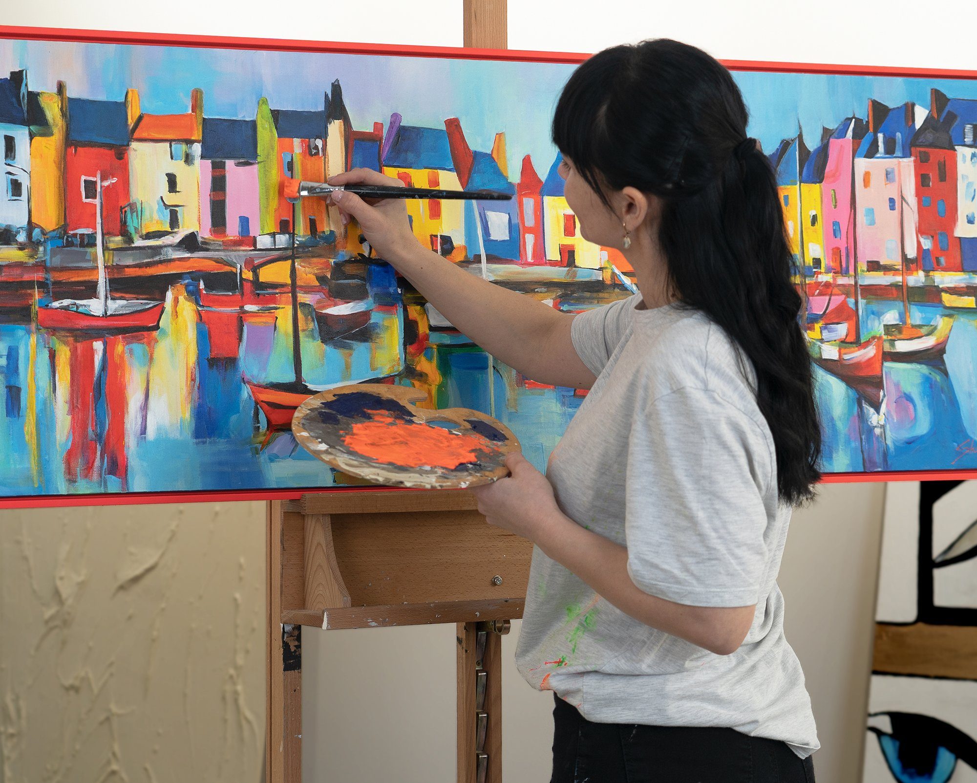 in Hafen, Rot Lebhafter Rahmen Gemälde YS-Art Mit Meer