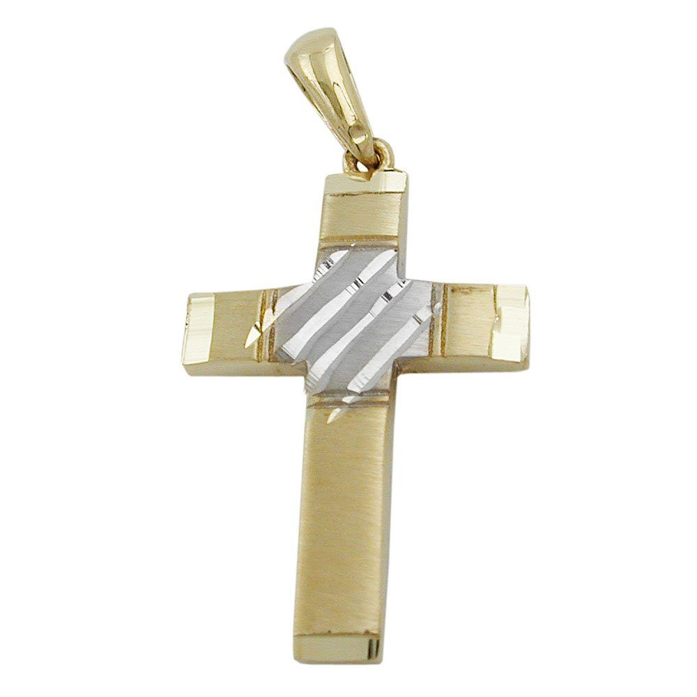 Gold Gelbgold Kreuz 20x14mm Krone Schmuck diamantiert Kettenanhänger mattiert Anhänger Goldanhänger, bicolor 375 375