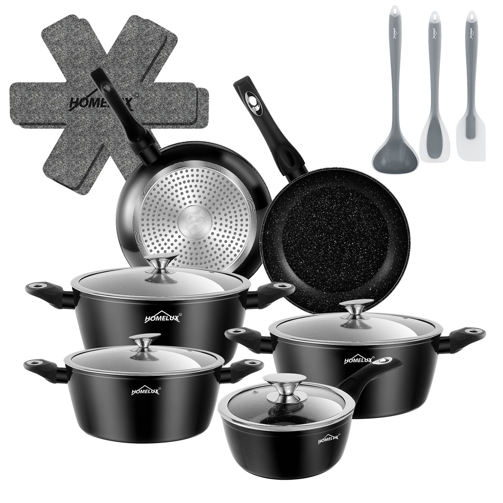 HOMELUX Topf-Set 15 tlg Aluminium Kochtopf mit Glasdeckel Antihaftbeschichtung Topf, Aluminium (4 Töpfe mit Glasdeckel + 2 Pfanne), Induktionsgeeignet