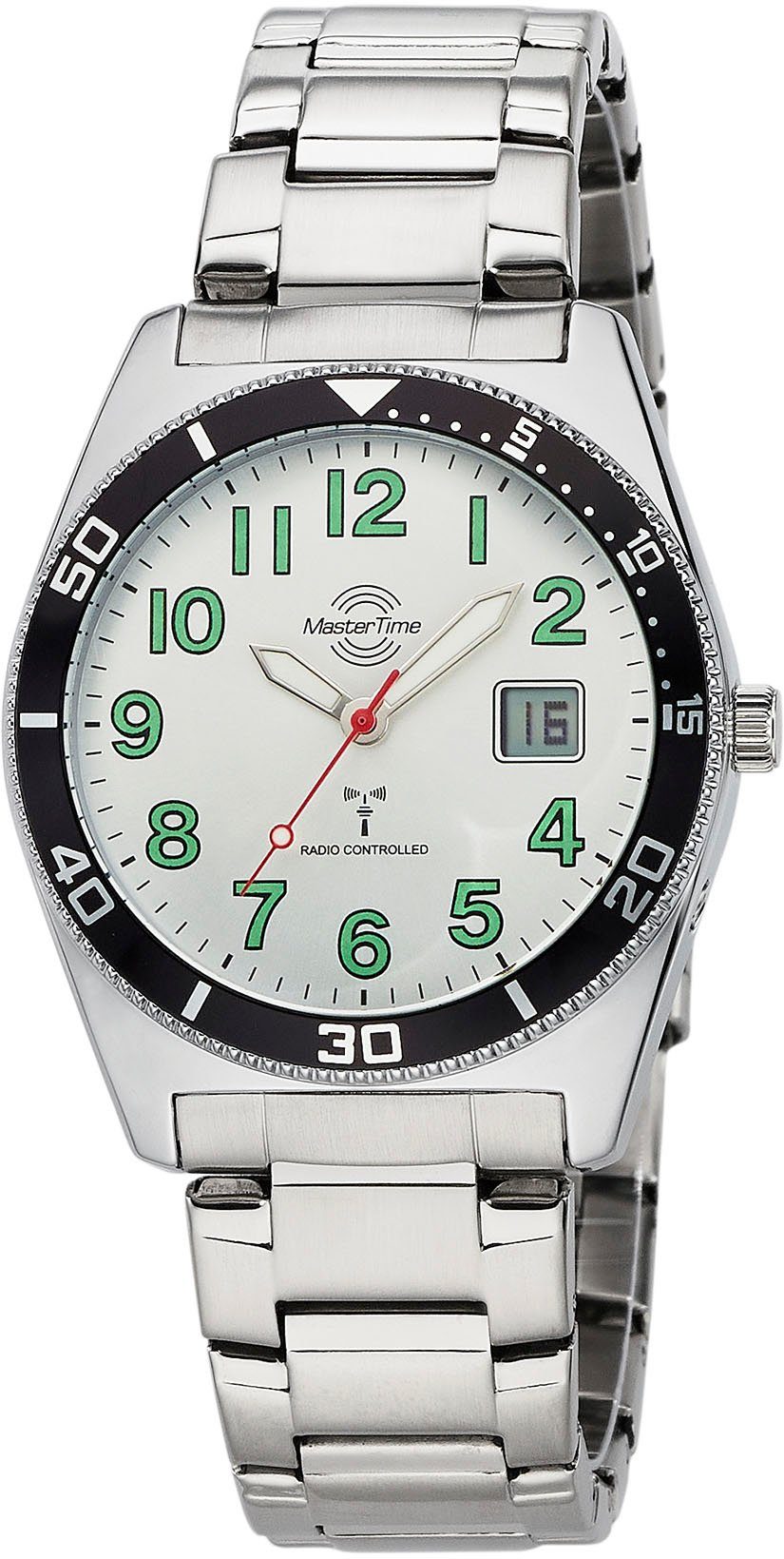 MASTER TIME Funkuhr Super Power Sporty, Armbanduhr, Quarzuhr, Herrenuhr, Datum, Leuchtzeiger, Edelstahlarmband