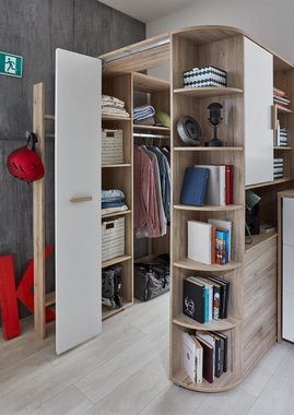 möbelando Eckkleiderschrank Canton Moderner begehbarer Eck-Kleiderschrank aus Spanplatte in San Remo Eiche Nachbildung, Absetzungen in Weiß mit 2 Holztüren, 14 Einlegeböden und 1 Kleiderstange. Breite 124 cm, Höhe 199 cm, Tiefe 148 cm, Made in Germany