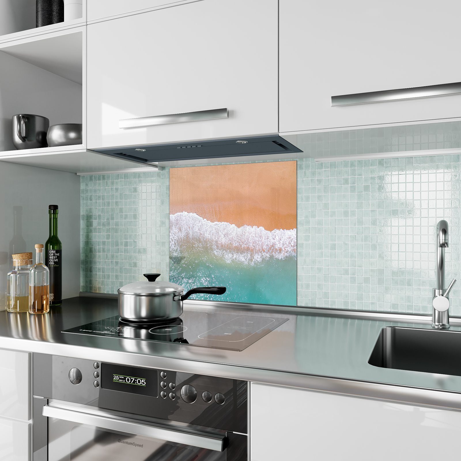 Glas mit Luftaufnahme Primedeco Strand Motiv Küchenrückwand Küchenrückwand Spritzschutz
