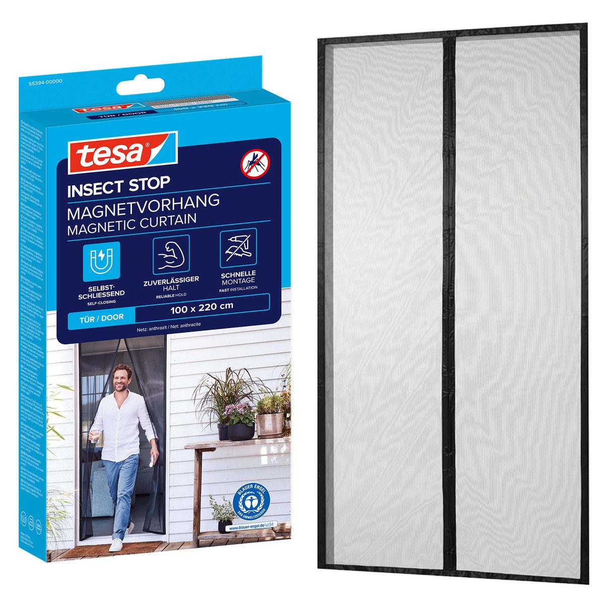 tesa Insektenschutz-Vorhang Magnetvorhang - selbstschließend - Insektenschutzvorhang, (Packung, 1-St., Magnetvorhang, selbstklebendes Klettband), INSECT STOP zur einfachen Montage ohne Bohren - 2,2 m x 1,0 m