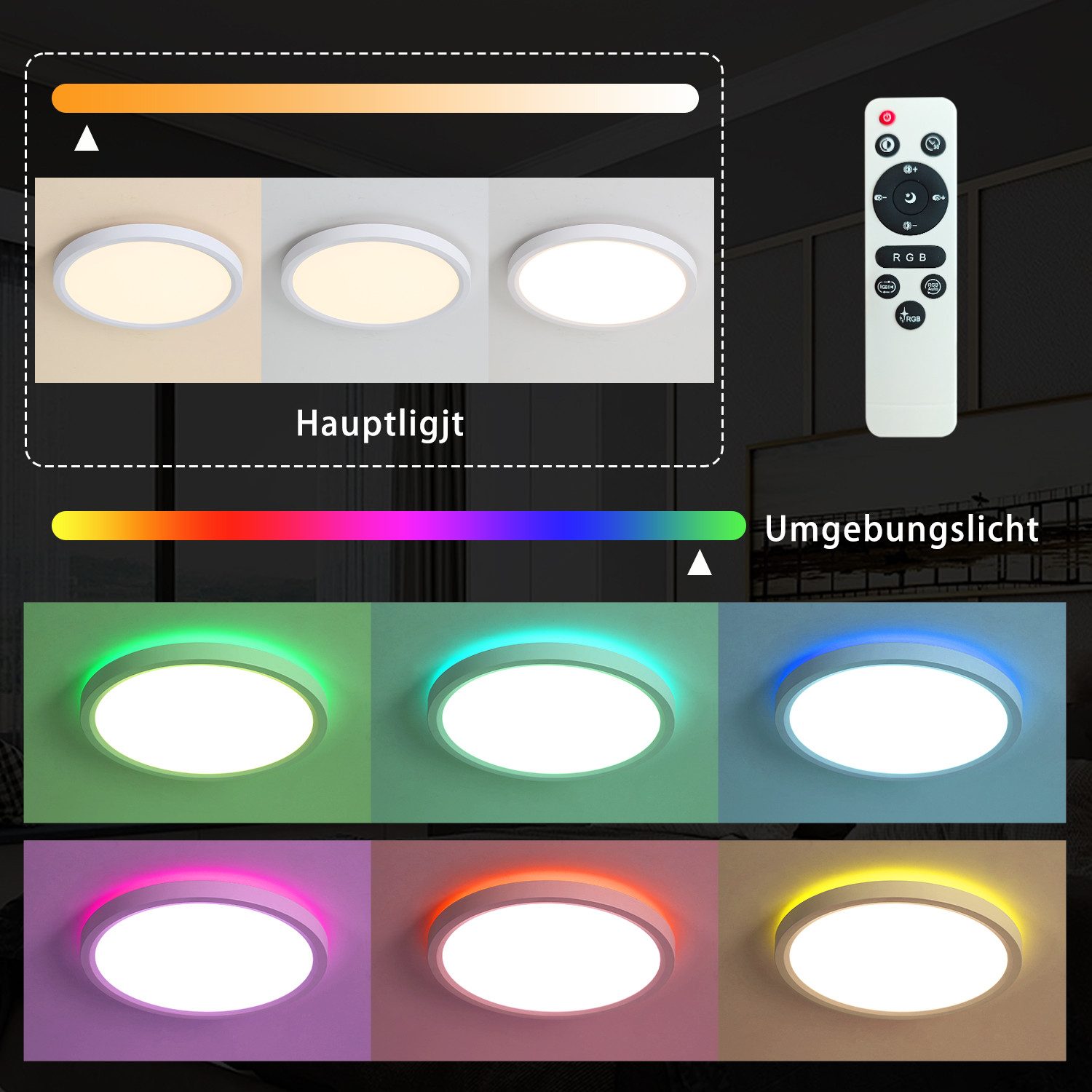JDONG LED Deckenleuchte RGBIC 24W/36W, Led Deckenlampe dimmbar mit mit Fernbedienung, Deckenlampe Rund Flach Ø30cm/40cm, LED fest integriert, Deckenbeleuchtung 3000K-6500K, für Schlafzimmer Küche Wohnzimmer