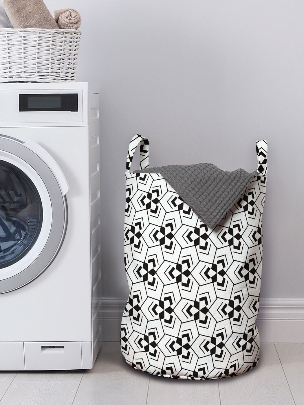 Waschsalons, Wäschekorb Geometrie Wäschesäckchen Kordelzugverschluss mit für Griffen Art monochromatische Abstrakte Abakuhaus