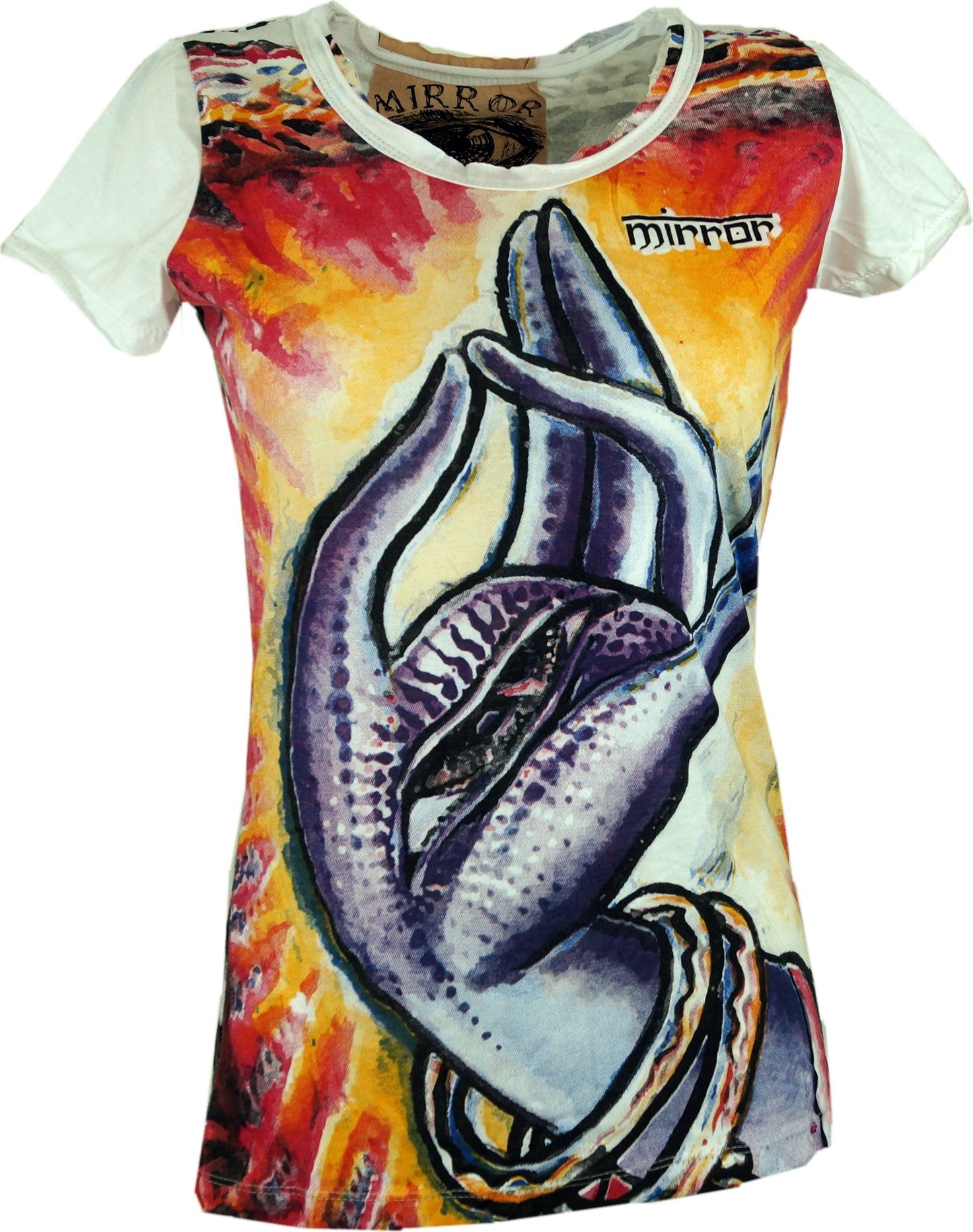 Guru-Shop T-Shirt Mirror Damen T-Shirt - Buddhas Hand weiß Festival, Goa Style, alternative Bekleidung