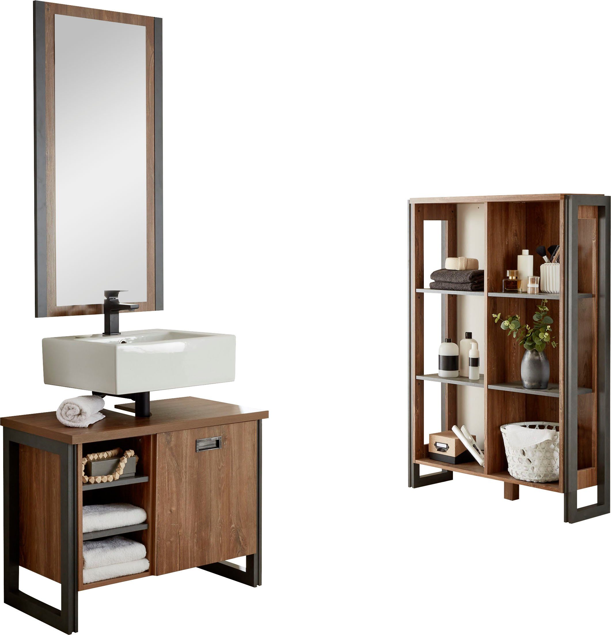 Home affaire Badmöbel-Set Detroit, Bad im Industrialdesign, 3-teiliges Badezimmer, (Set, 3-St), Unterschrank, Regal & Spiegel, holzfarben, offene Fächer & Stauraum