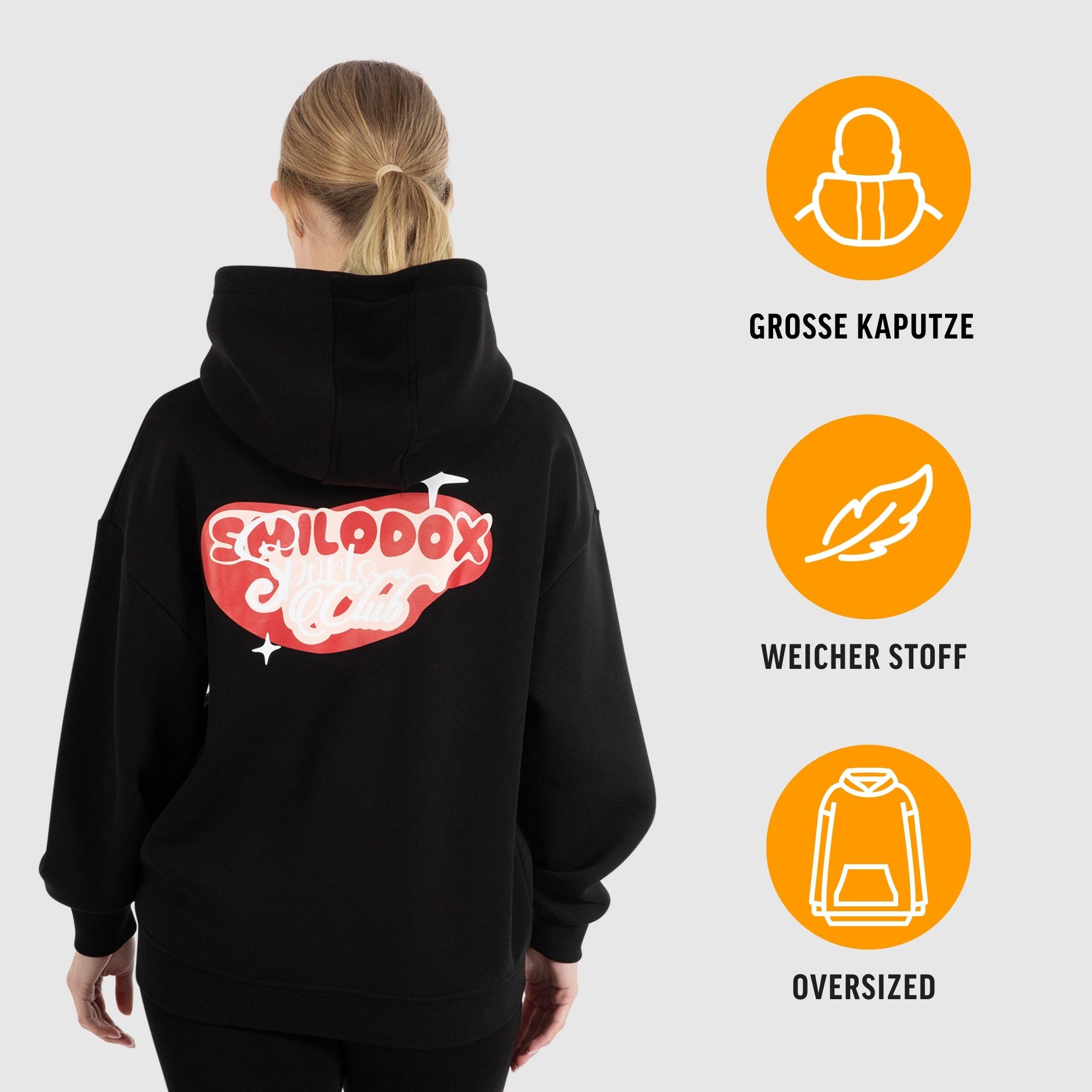 Smilodox Hoodie Riva, Kapuzenpullover Oversize Fit mit großer Kapuze und Herz Print Stylischer Pulli Großer Print Kängurutasche Sweater Sport Freizeit