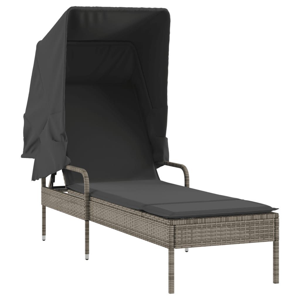 vidaXL Gartenliege Sonnenliege mit Dach Grau Poly Rattan, 1 St.