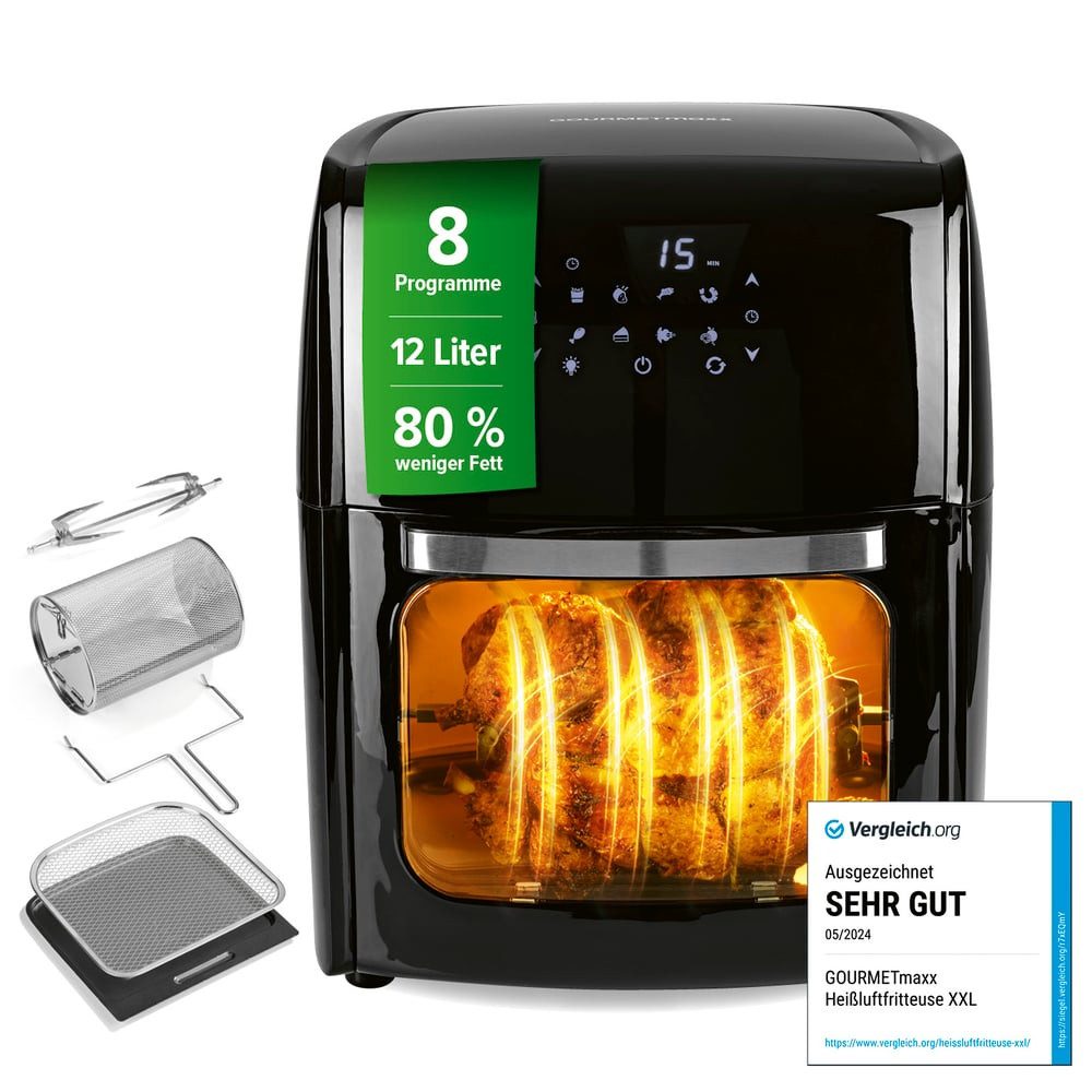 GOURMETmaxx Heißluftfritteuse 12 l - XXL-Ofen + Touchdisplay, 1800 W, fettarm frittieren knusprige Pommes, Hähnchen auftauen backen wärmen