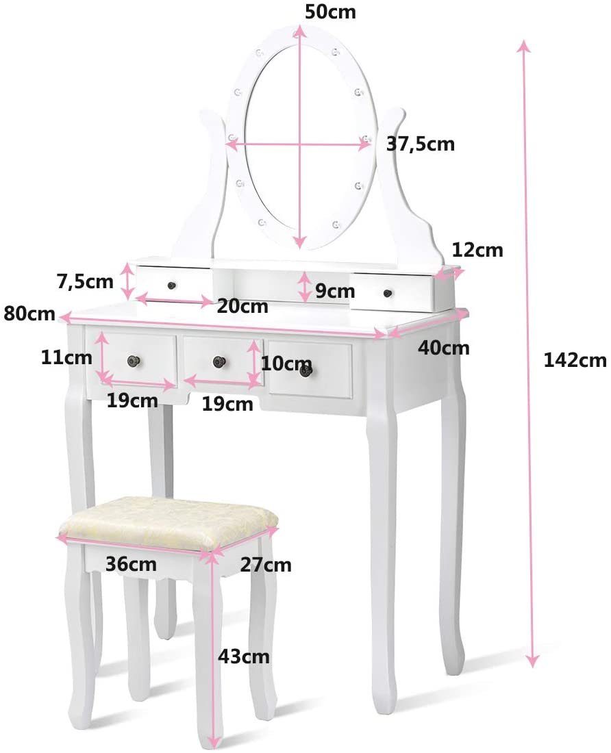 Schubladen (mit & 4 Hocker), Schminktisch COSTWAY Spiegel Weiß LED, drehbarem 10