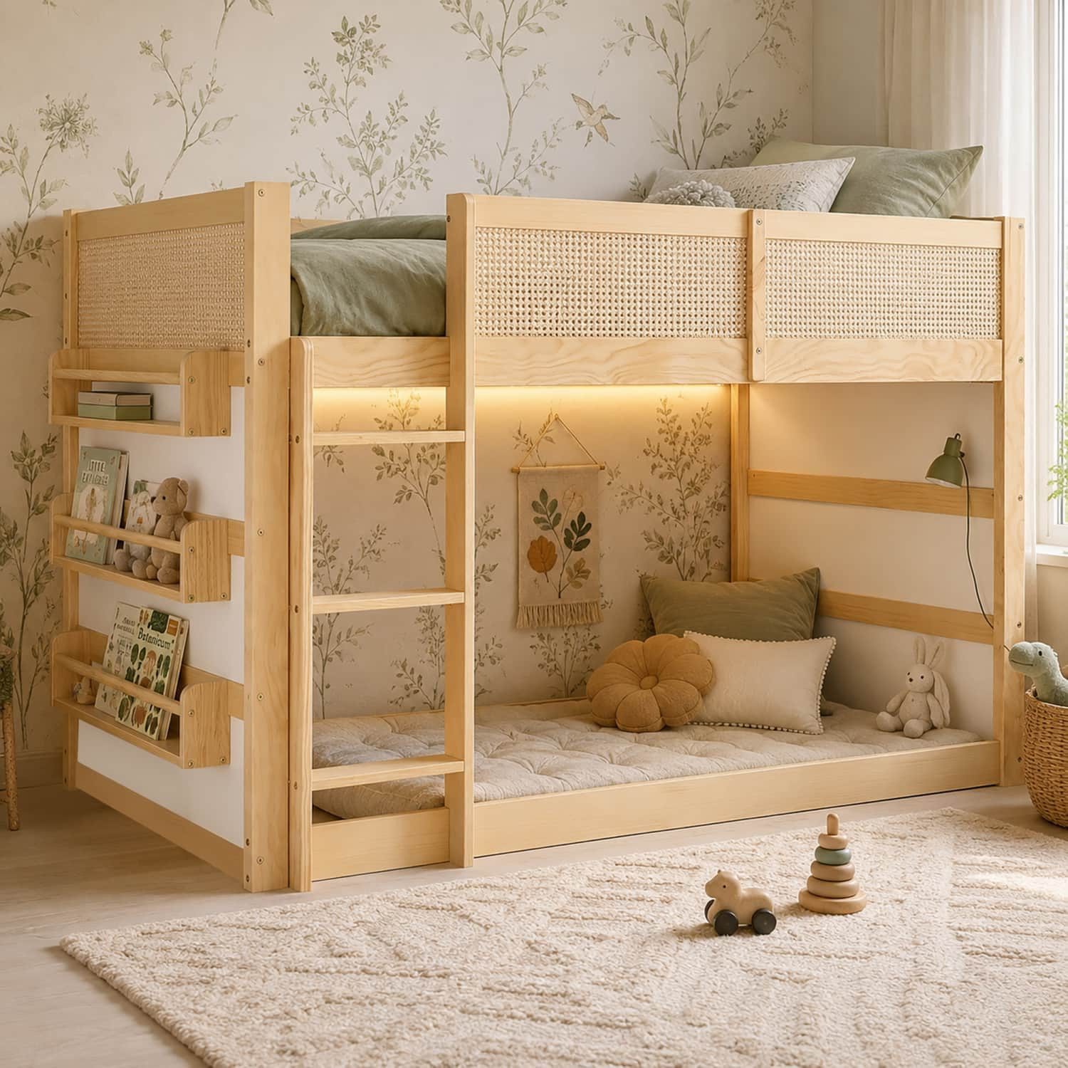 ANYSUN Kinderbett Hochbett mit Dreistufige Treppe,LED-Lichtleiste,Ablage,Rattan-Optik (1-tlg., mit Rausfallschutz,bett, mit Freier Spiel- und Lesebereich darunter), Kinderbett mit Oberem Lattenrost,ohne Matratze,Natur+Weiß,90×200cm