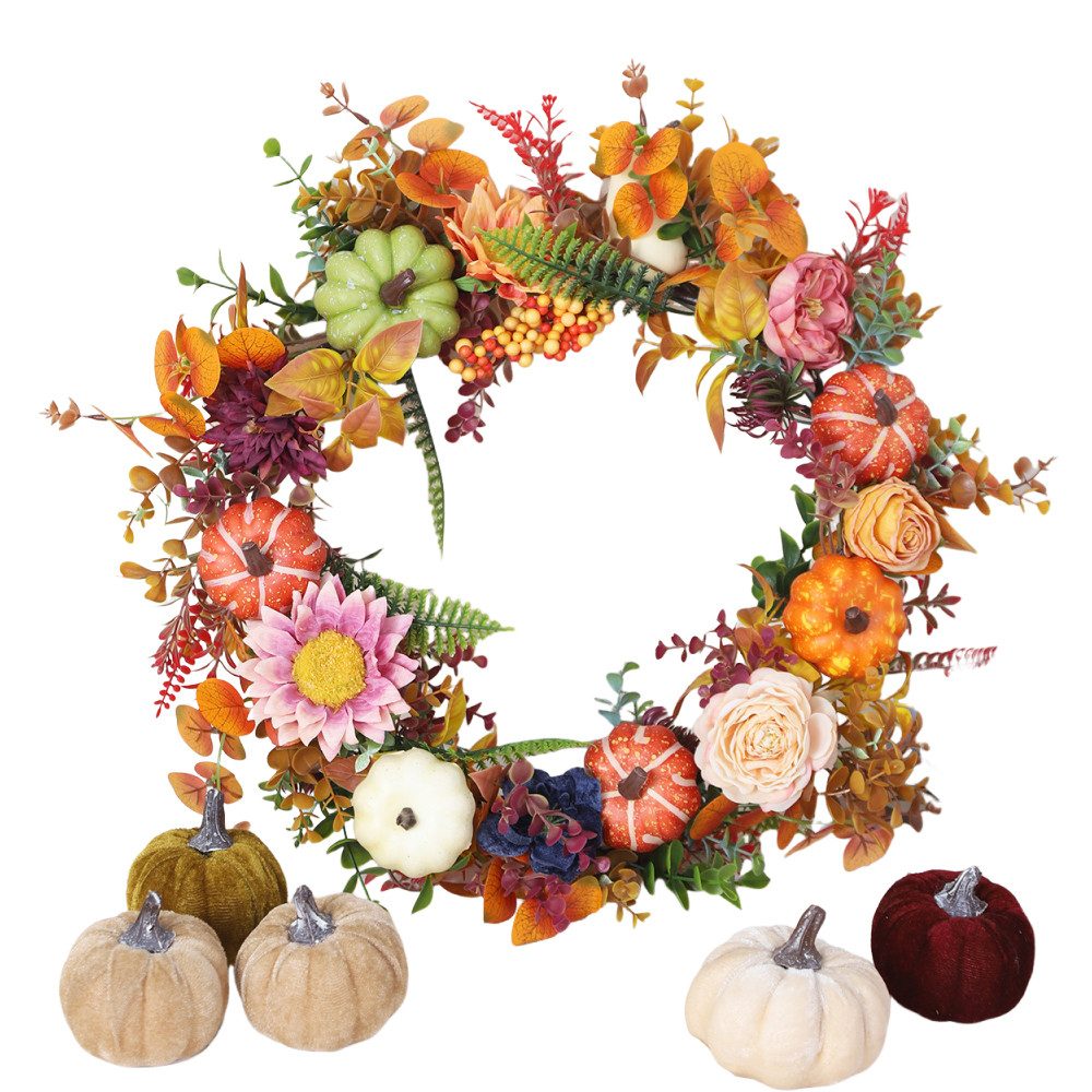 Sorvyzxn Dekokranz Herbst Kranz mit Kürbissen, Künstlicher Blumenkranz 46 cm, Halloween Türkranz für Haustür Wand Fenster, Thanksgiving