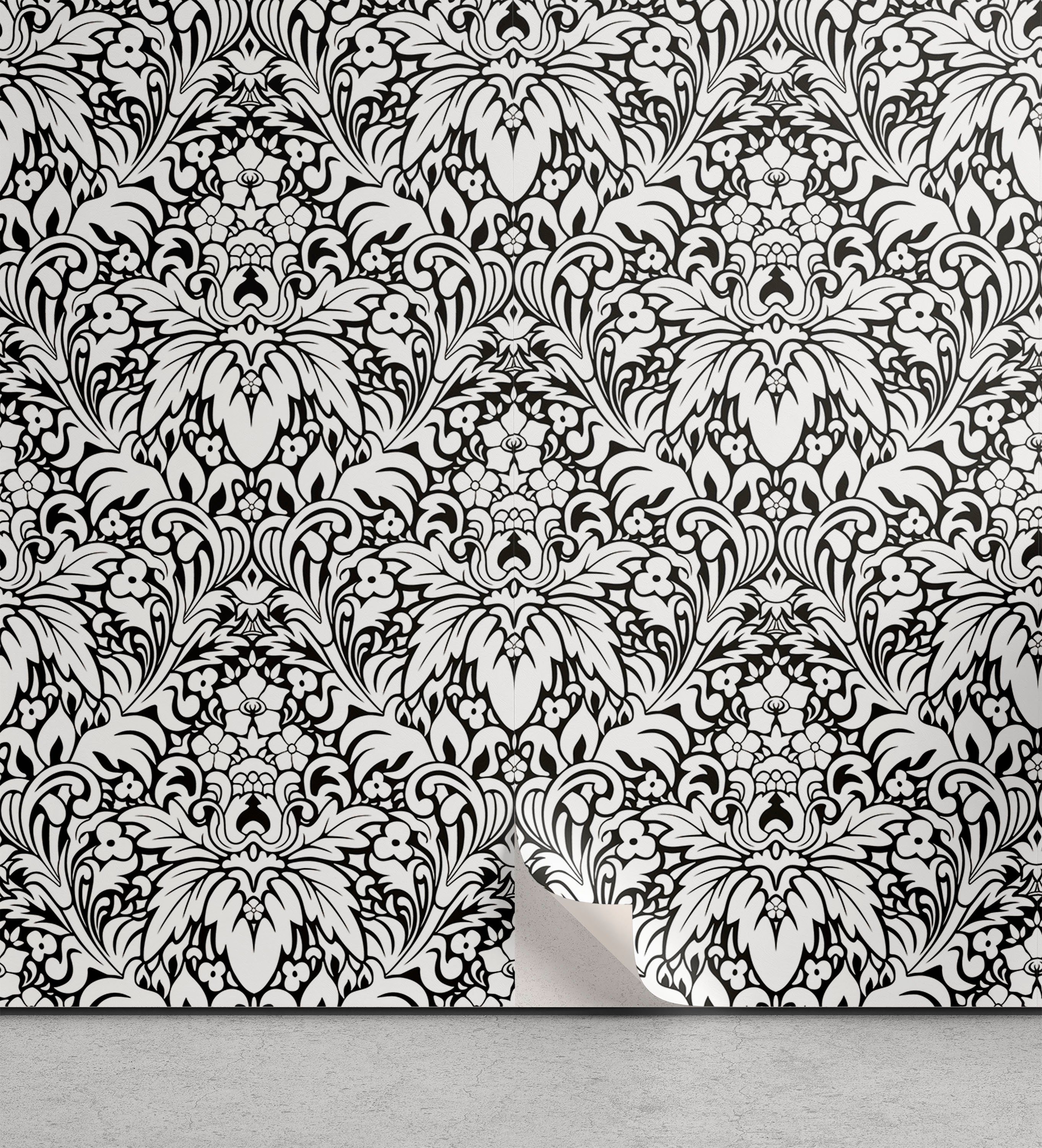 Abakuhaus Vinyltapete selbstklebendes Wohnzimmer Küchenakzent, weiße Damast Garten Flourishes Kunst