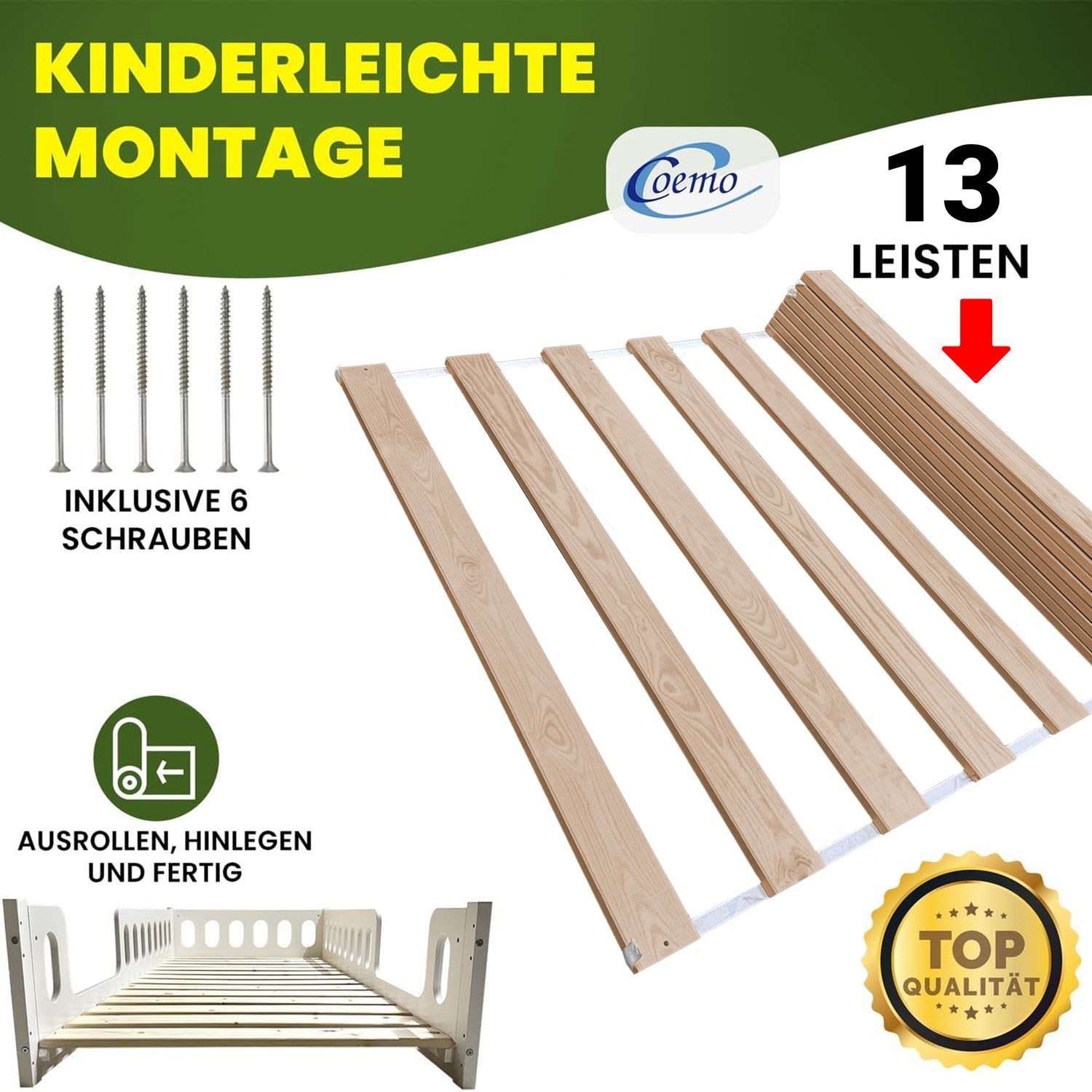 Rollrost VENO, Coemo, Kopfteil nicht verstellbar, Fußteil nicht verstellbar, Rolllattenrost 80 x 200 cm Lattenrost ausrollen Massivholz 13 Leisten