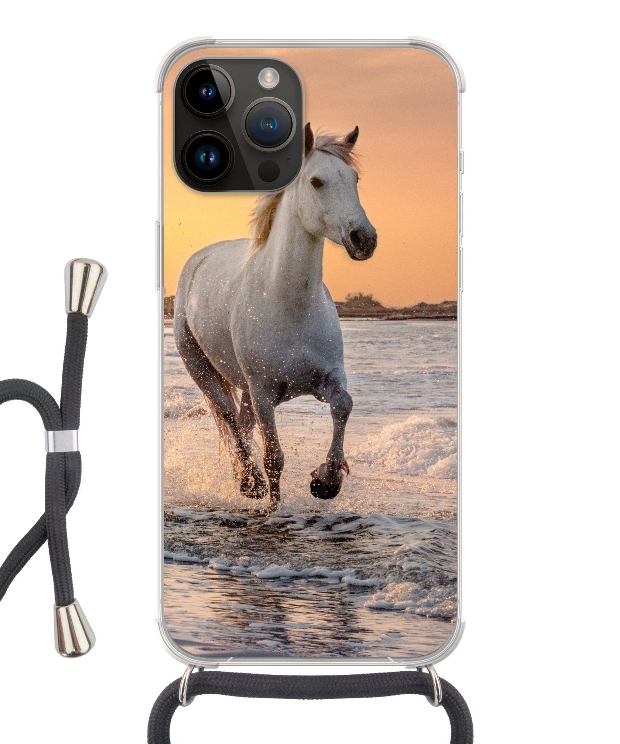 MuchoWow Handyhülle für Apple iPhone 14 Pro Max Pferde - Sonne - Meer - Strand - Tiere, Tragbare Handyhüllen mit Kette zum umhängen, Handykette Handyband