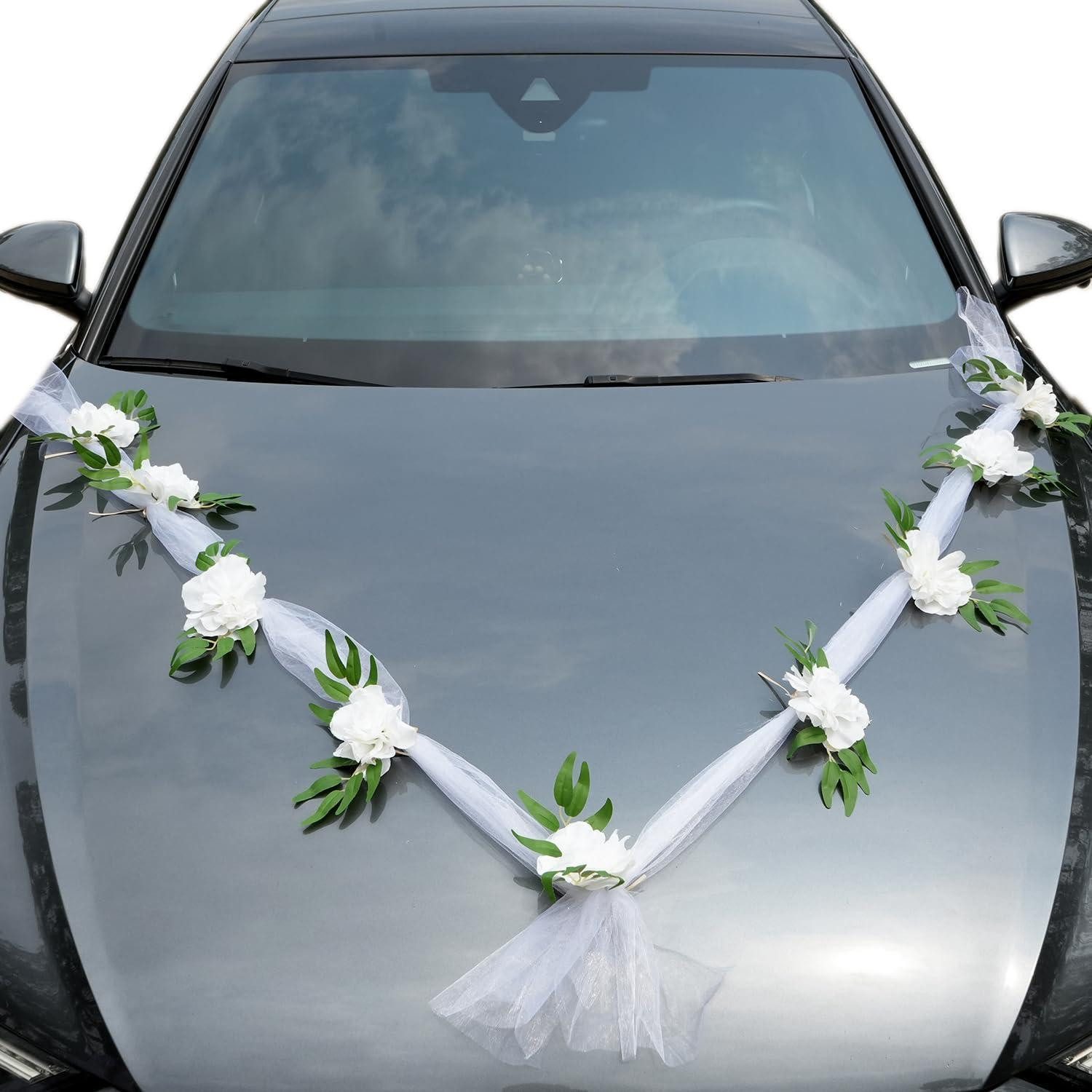Kunstgirlande Auto Schmuck Girlande Hochzeit Weiß Tüll Blumen, LuxusKollektion, Höhe 5 cm