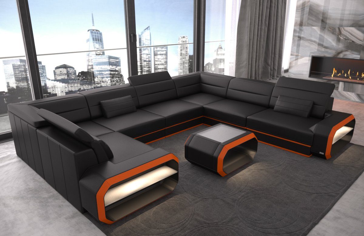 Sofa Dreams Wohnlandschaft »Verona - U Form Ledersofa«, Couch, mit LED,  wahlweise mit Bettfunktion als Schlafsofa, Designersofa