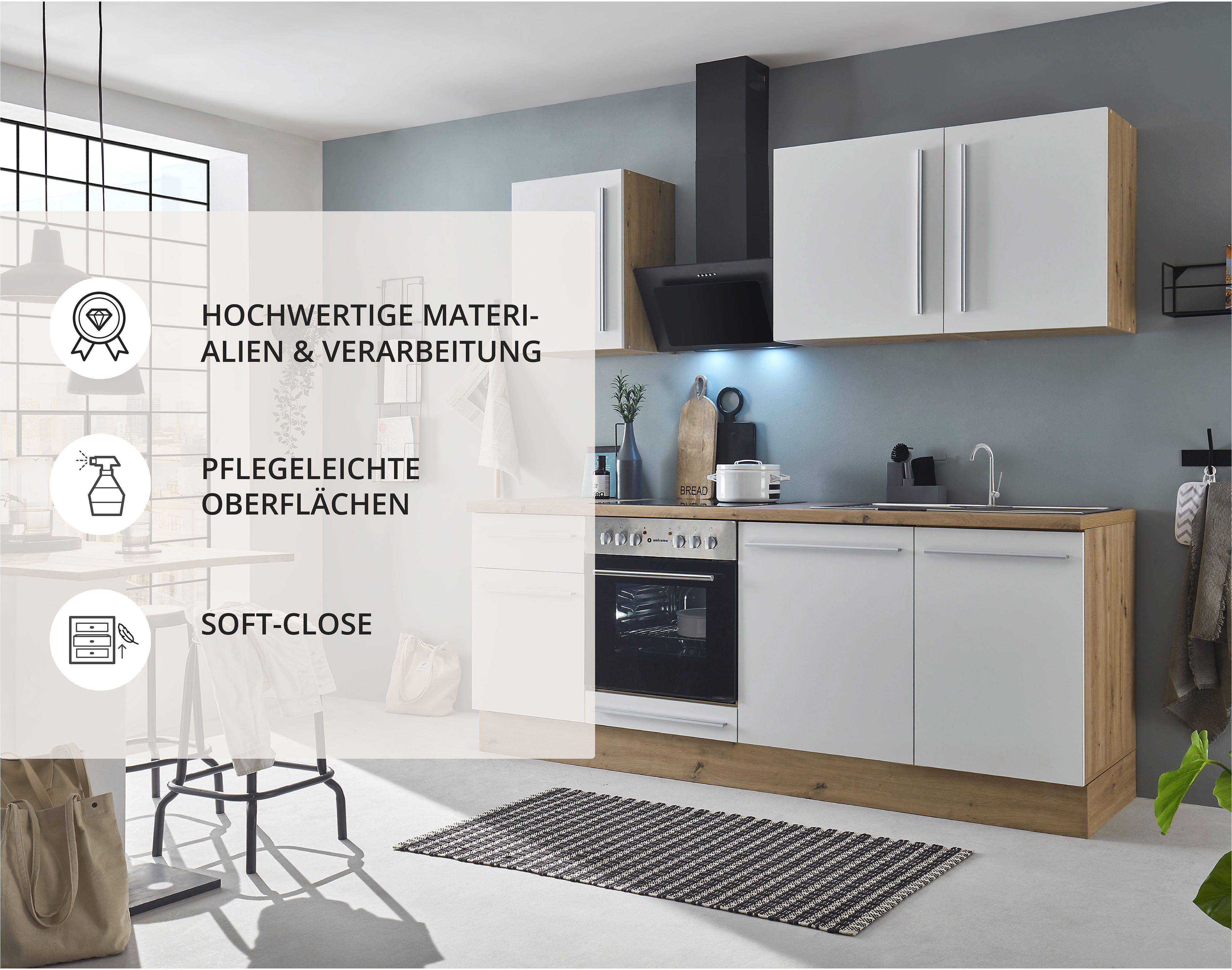 KOCHSTATION Küchenzeile Florida mit 38mm starker Arbeitsplatte, Breite 220 cm, wahlweise mit E-Geräten, Soft-Close-Funktion