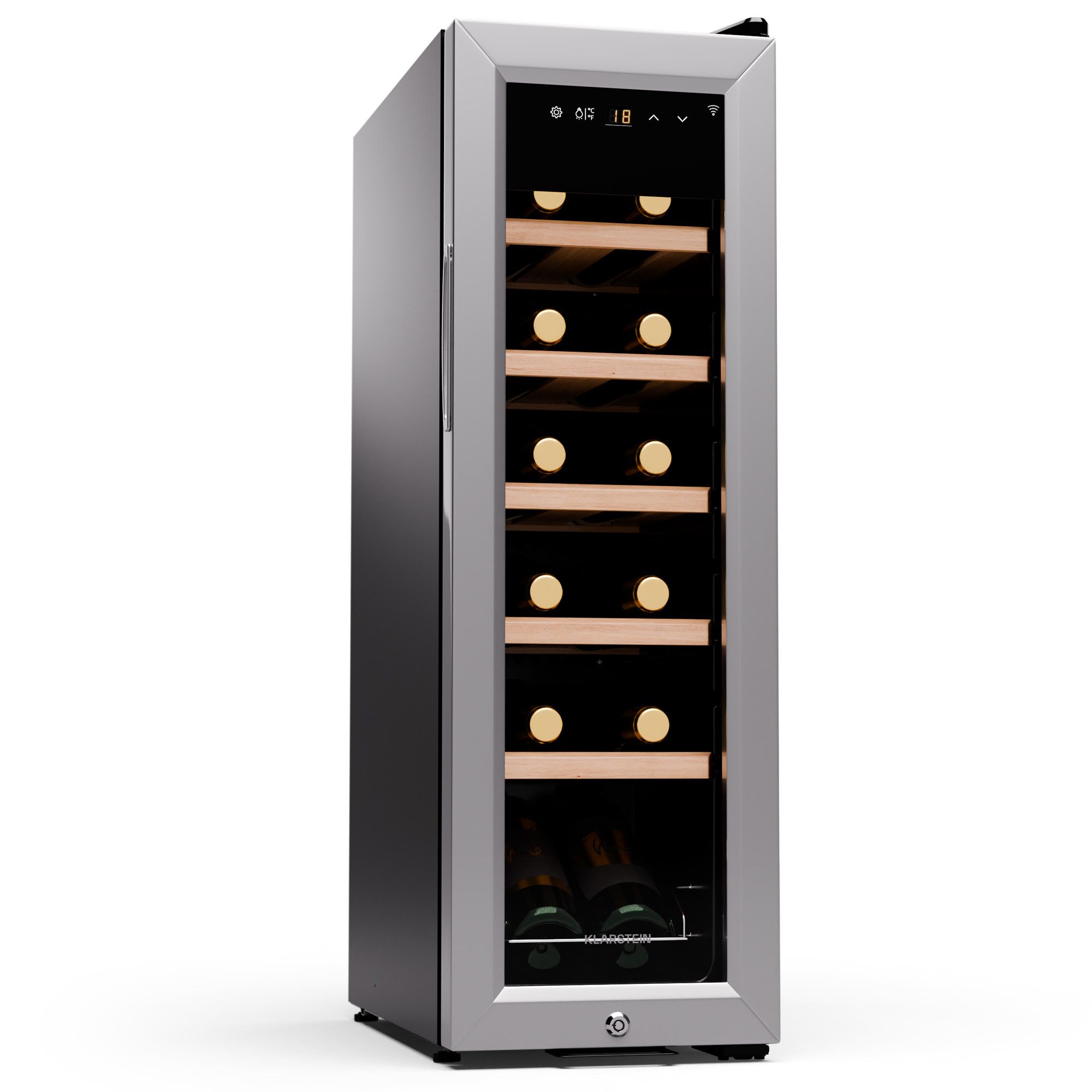 Klarstein Weinkühlschrank Shiraz Premium Smart 12 slim SS, für 12 Standardflaschen á 0,75l,Wein Flaschenkühlschrank Weintemperierschrank Weinschrank Kühlschrank