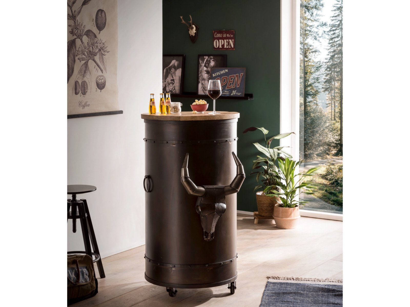 massivum Weinregal Yorkshire Stehtisch - Unikat Bartisch mit Flaschenregal