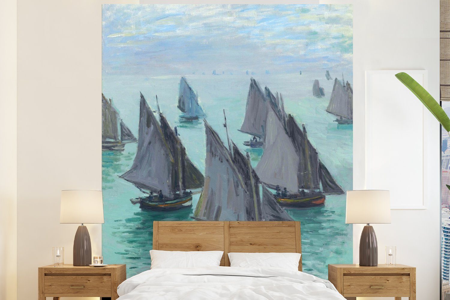 MuchoWow Fototapete Fischerboote, ruhige See - Gemälde von Claude Monet, Matt, bedruckt, (3 St), Vliestapete für Wohnzimmer Schlafzimmer Küche, Fototapete