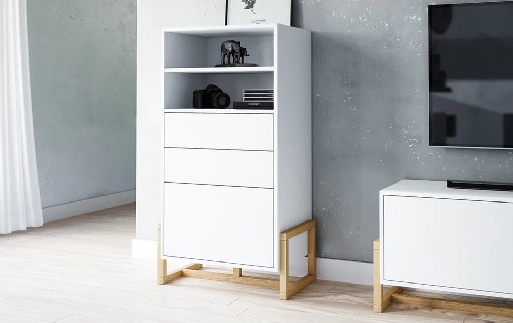 OLFEN Salon Wohnzimmer-Set und matt Weiß Eiche in Möbelset DB-Möbel 4-teilig