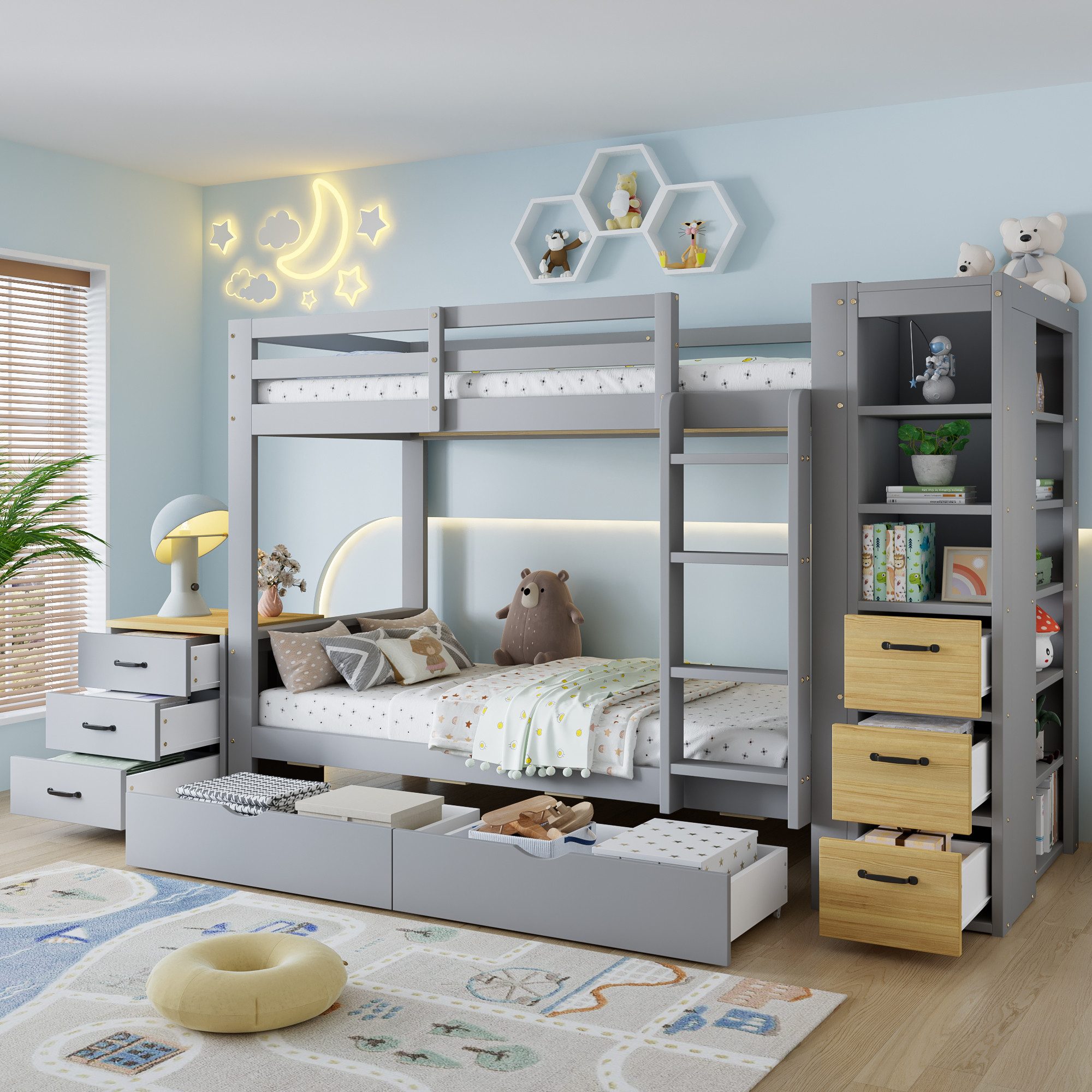 Flieks Etagenbett mit frei platzierbarer Nachtkommode, Kinderbett 90x200cm mit 2 Schubladen und seitlichem Stauraumschrank