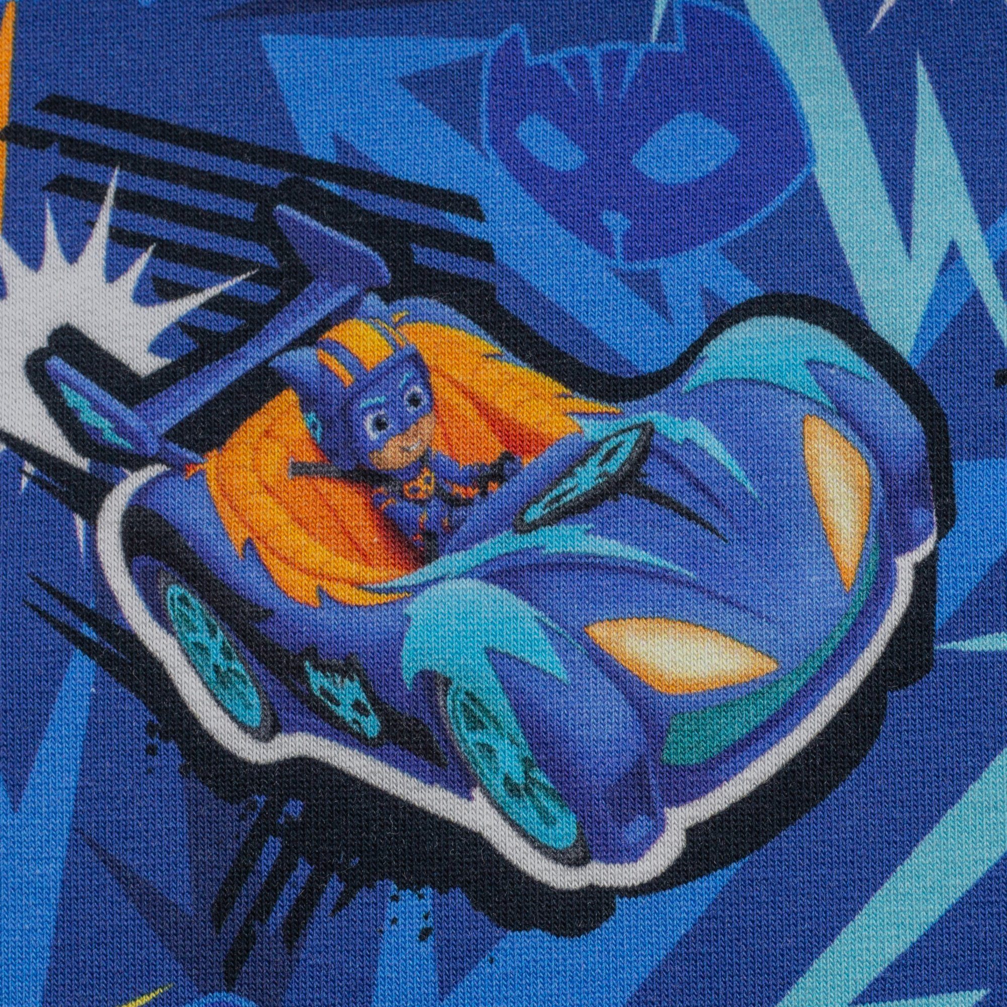 larissastoffe Stoff Lizenzstoff French Terry PJ Masks, Swafing Catboy Fahrzeuge blau, Meterware, 50 cm x 160 cm überbreit