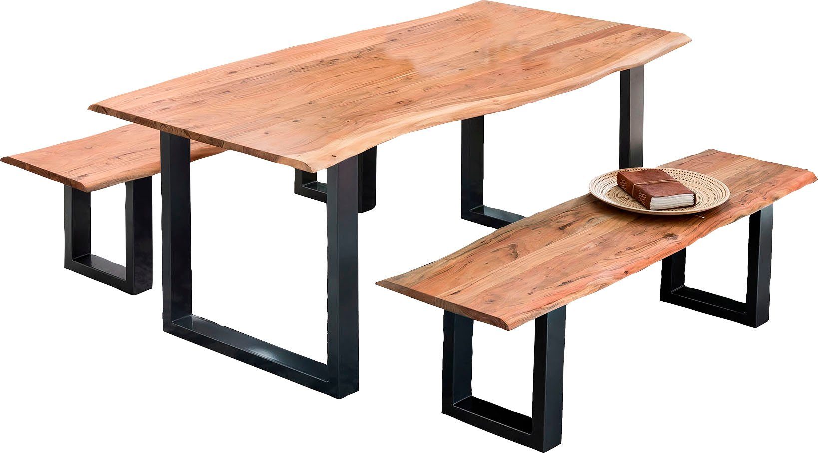 SIT Essgruppe Victoria aus Akazie mit Baumkante Tisch & 2 Bänken, (Set, 3-tlg., 1 Tisch und 2 Bänke), 3-tlg. Set Akazie Tischgruppe mit natürlicher Baumkante & Stahlgestell