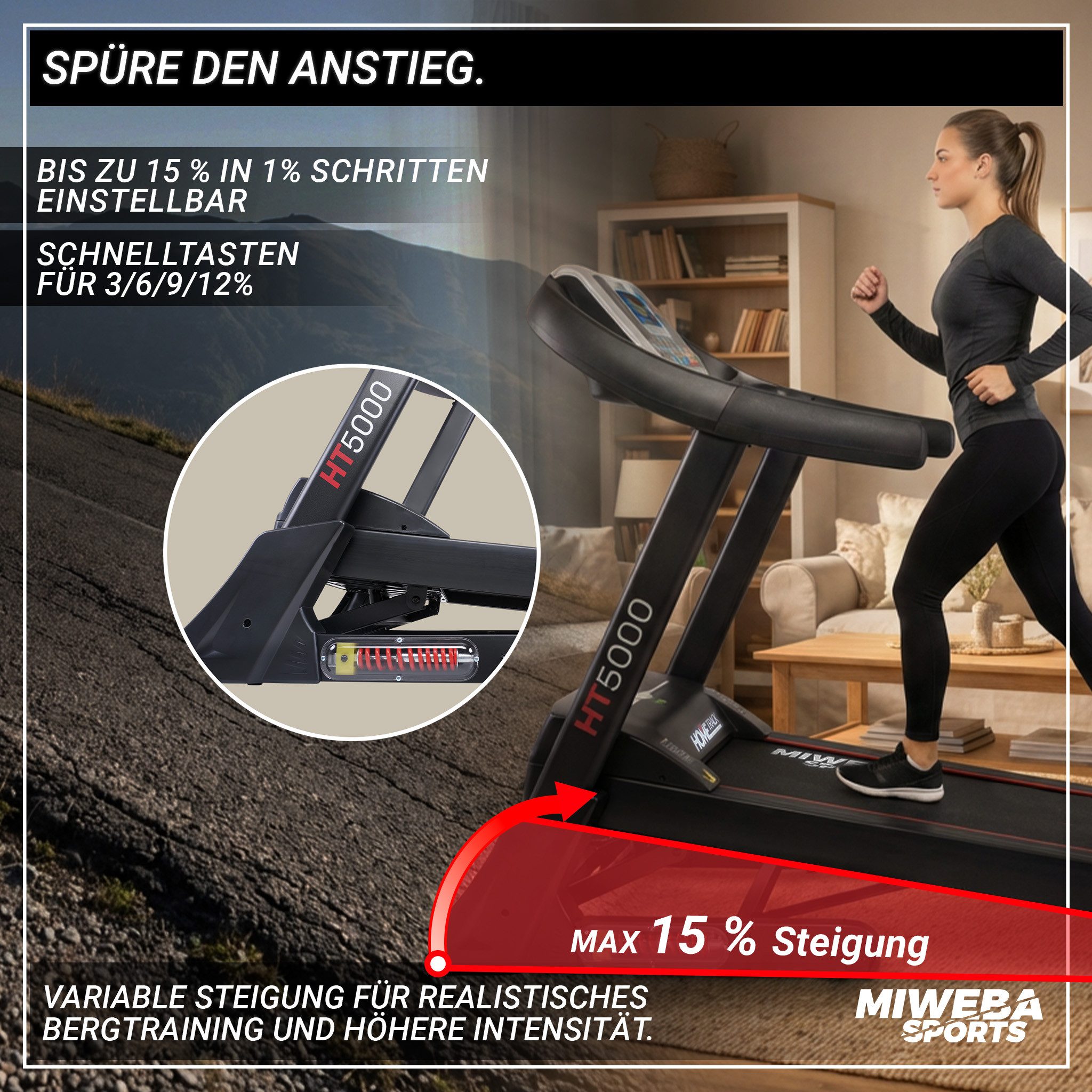 Miweba Sports Laufband klappbar HT5000 - 18 km/h Laufband mit Steigung - 15 % Steigung (Fitnessgerät, Heimtrainer, Treadmill, Trainingsgerät, Sportgerät, Speedrunner, 1-tlg., große Lauffläche, 12 Laufprogramme, Pulsmesser, 7 PS, Bluetooth, 2600 Watt), Laufband klappbar, Laufband klein für zur Hause, Laufband mit Steigung