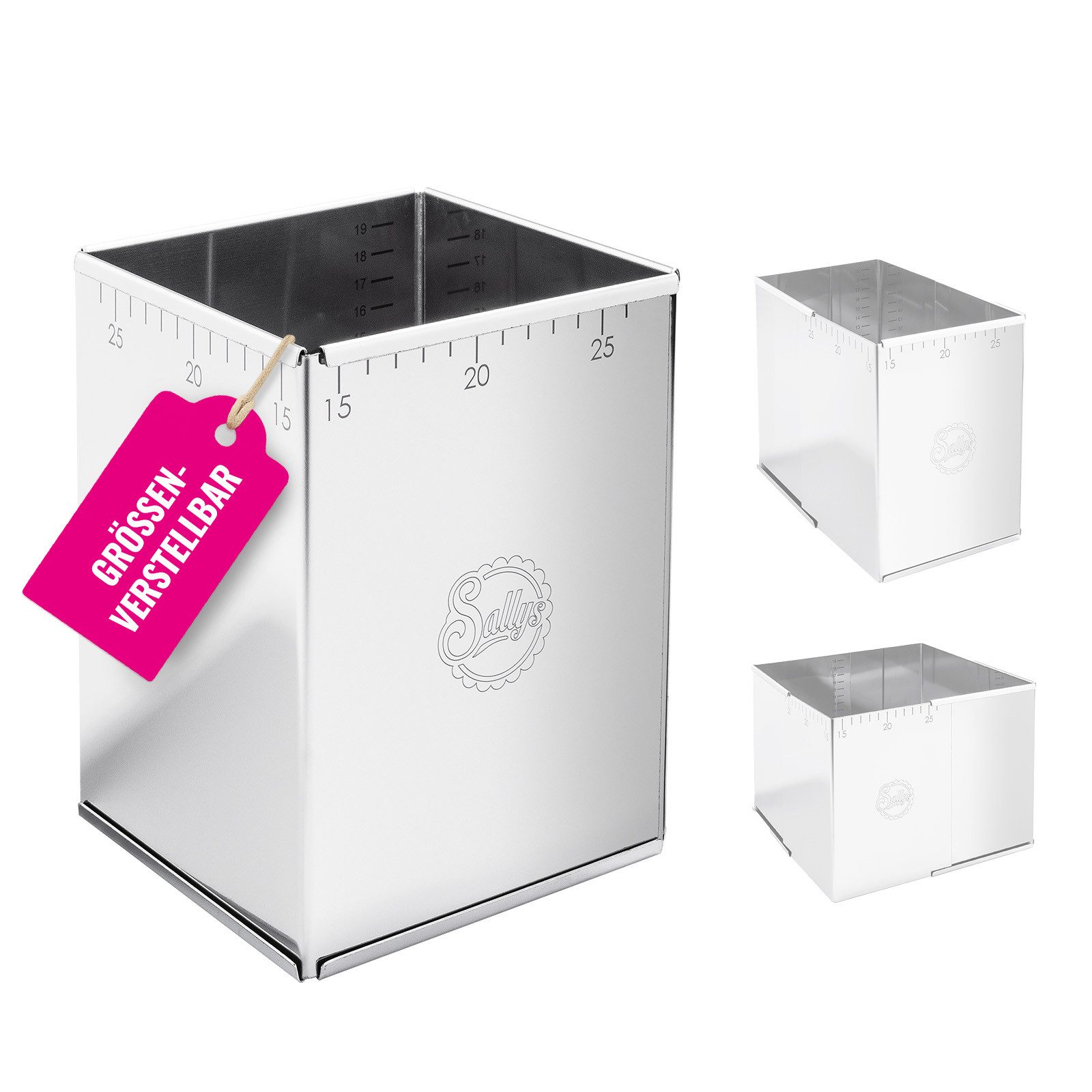 Sallys Backrahmen Kuchenrahmen verstellbar mit Innen & Außenskalierung, rechteckig, (4 tlg., Mit Innen- & Außenskalierung, langlebig und pflegeleicht), Tortenrahmen Edelstahl, 14,5 × 14,5-26 × 26 cm, verstellbar